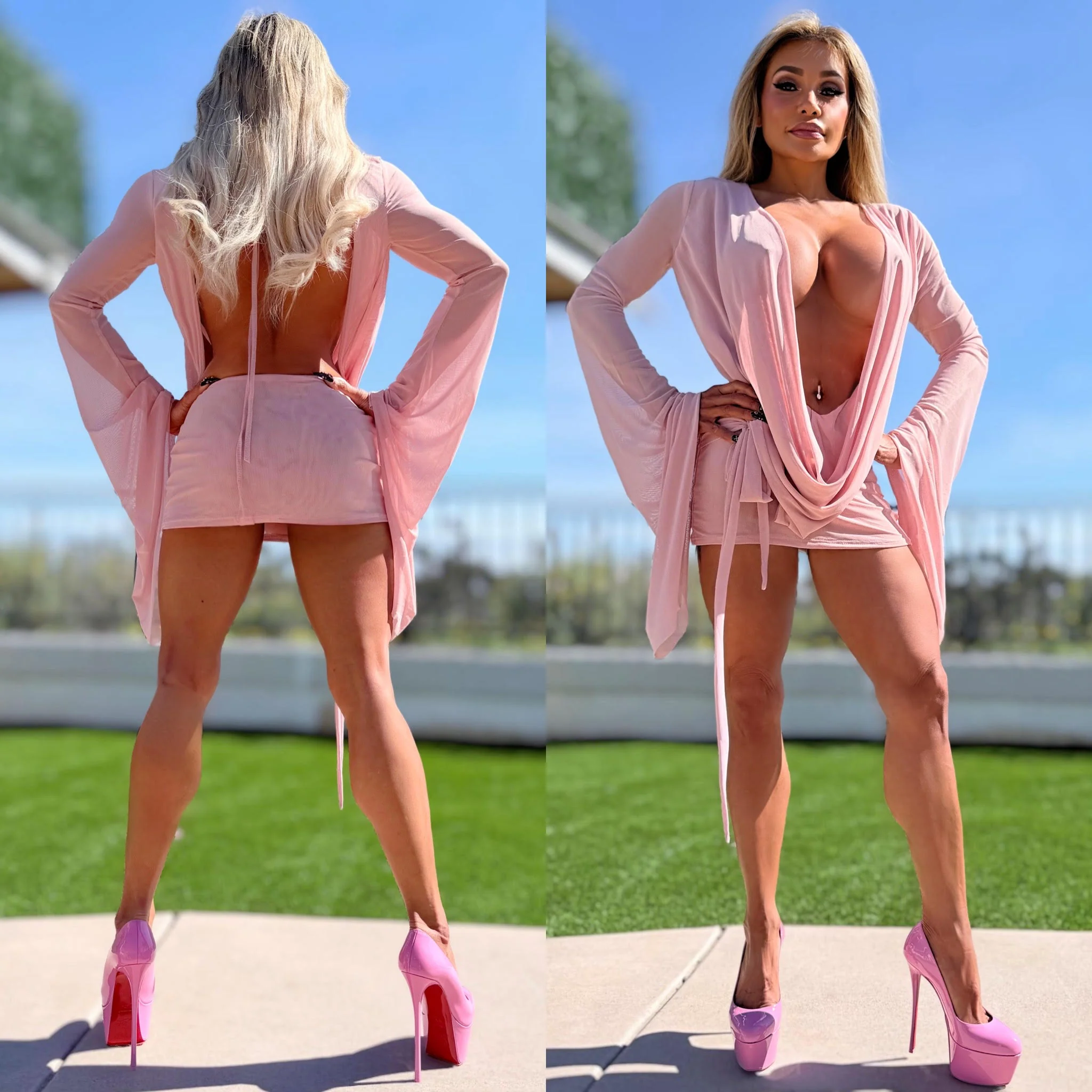 Connie's SUPER SHORT 😈 "RICH & DARING PINK DREAM MESH 🥂🍾  MINI" GIANT COWL Plunge,  Bell Sleeves, Not for the SHY - Image 8