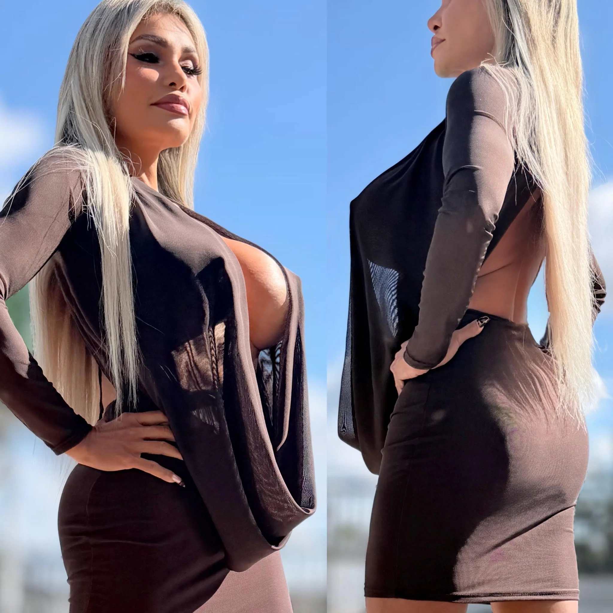 Connie's LIMITED "RICH CHOCOLATE MESH 🥂🍾 RICH & DARING MINI" GIANT COWL Plunge, Double Fabric LINED, Not for the SHY - Image 3
