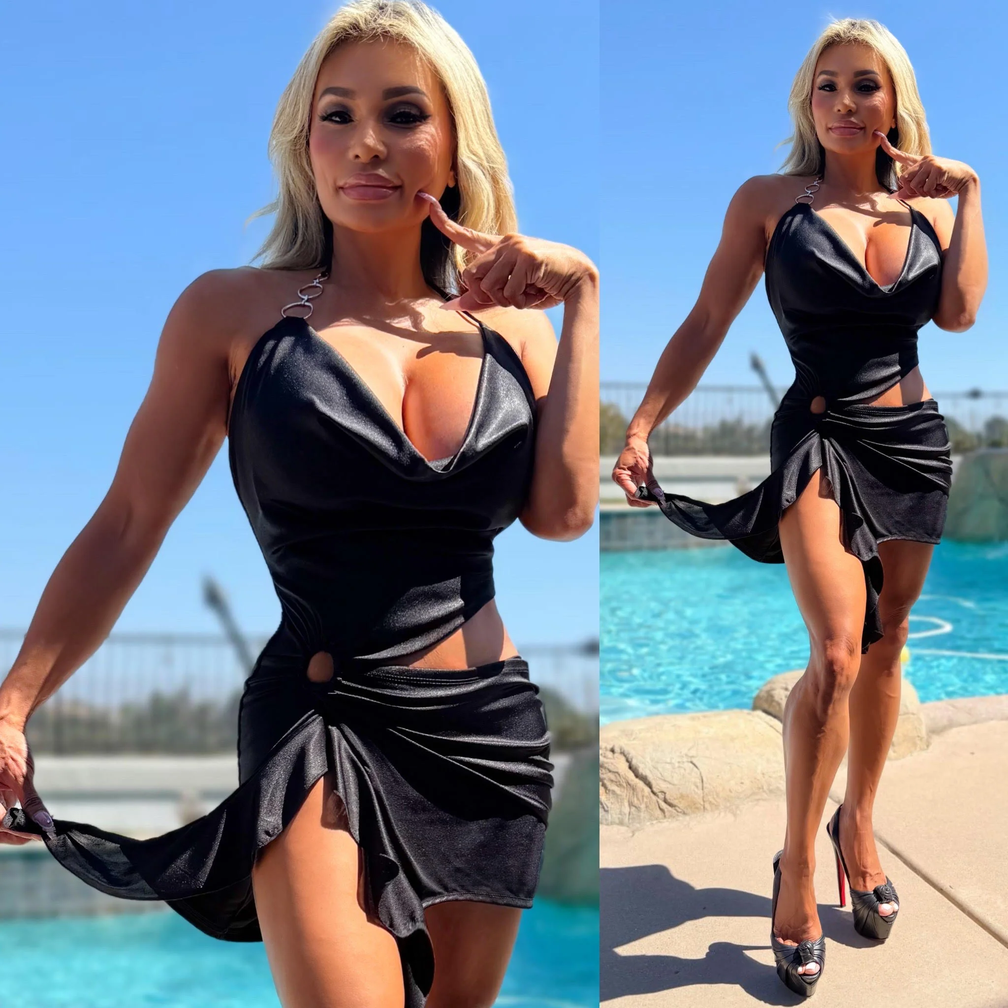 FINAL SALE Connie's **LIMITED** "SHINY BLACK 🖤🖤🖤 MINI" with Silver Ring accents, adjustable Tie Halter, STRETCH fabric, Made in the USA - Image 4