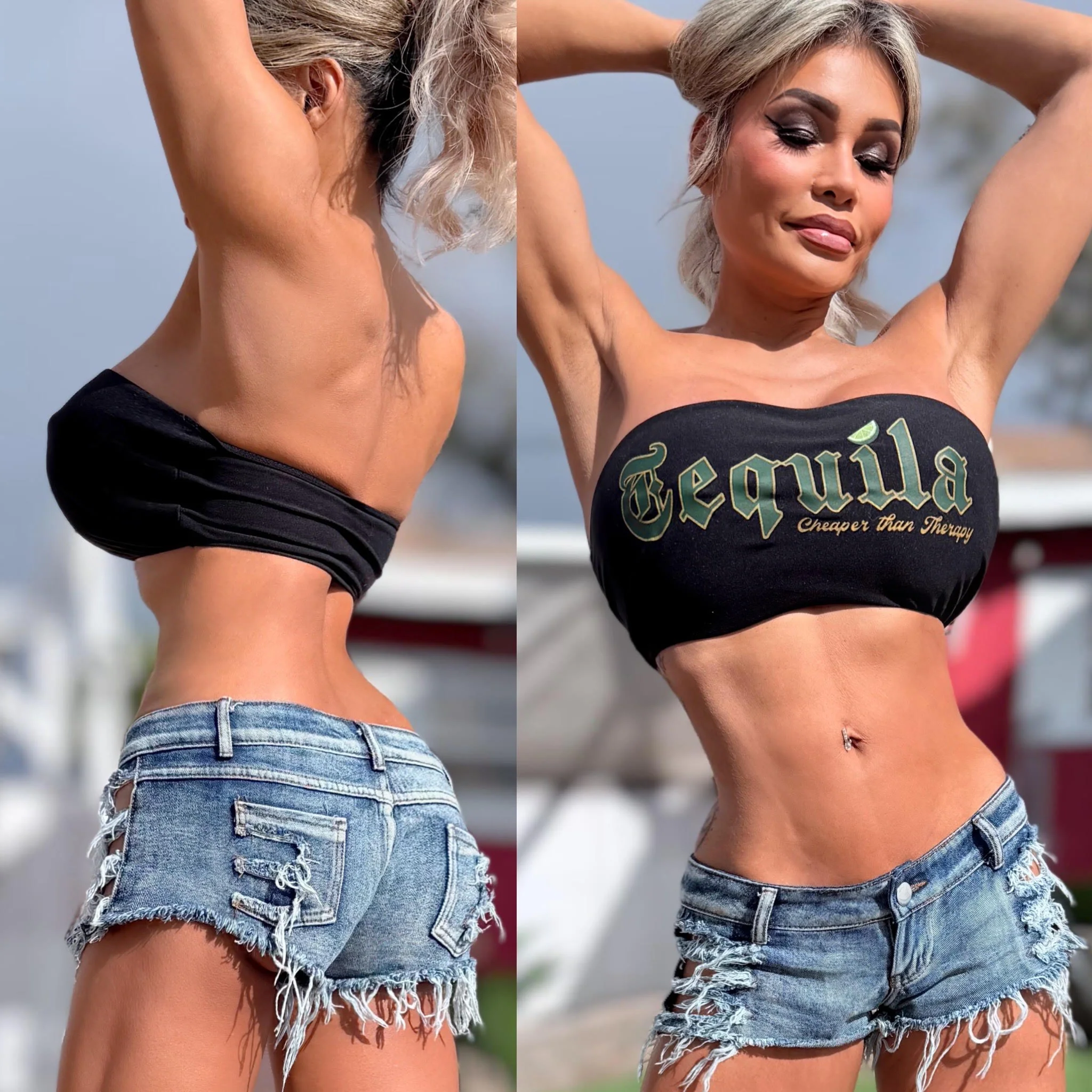 Connie's LIMITED "Cheaper Than Therapy TEQUILA 🤠" STRETCH T-Shirt TUBE TOP, BLACK FULL STRETCH FIT - Image 2