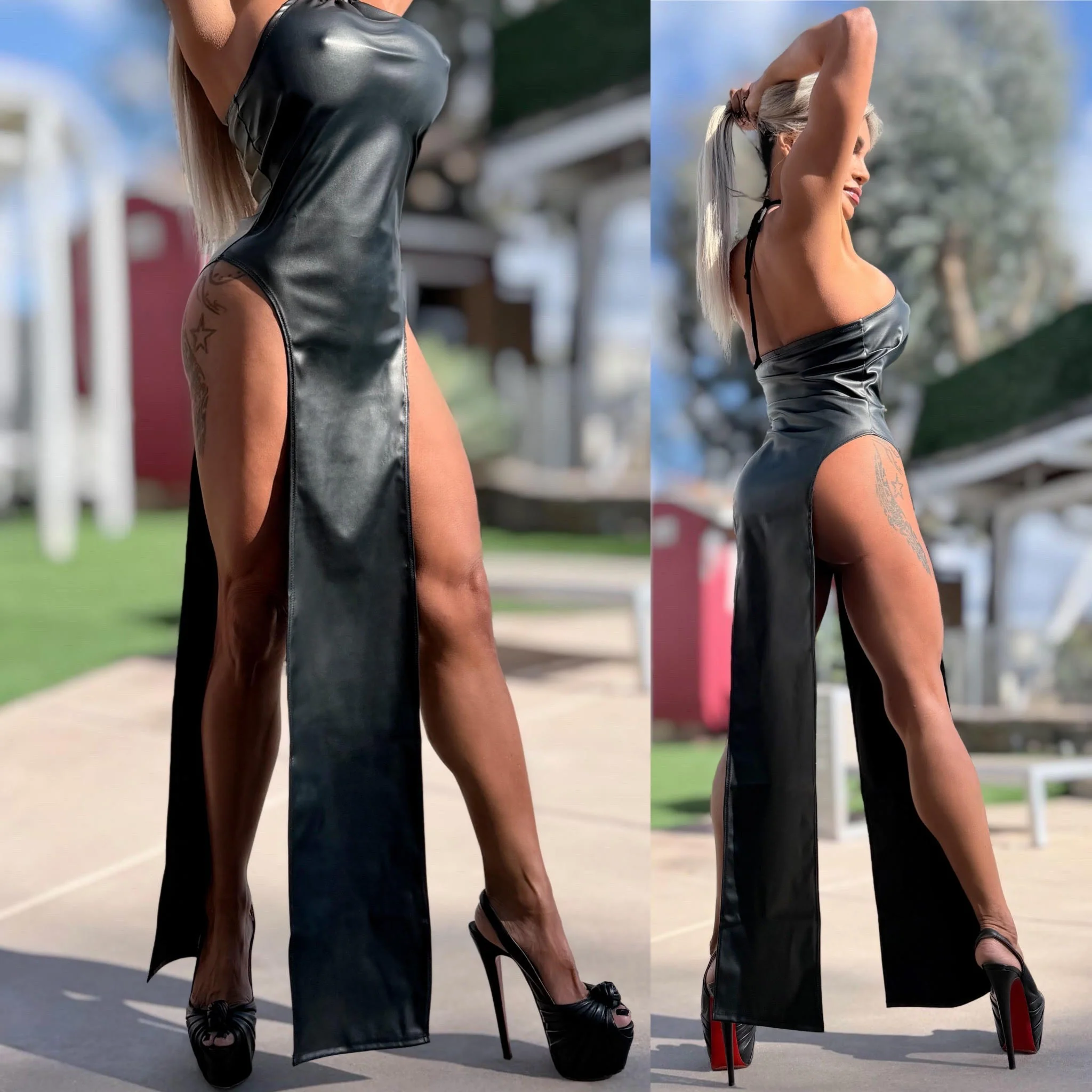 Connie's LIMITED EXCLUSIVE "DARING DOUBLE SPLIT MAXI" BLACK Stretch X-Leather, EXTREME Double Thigh Split - Image 5