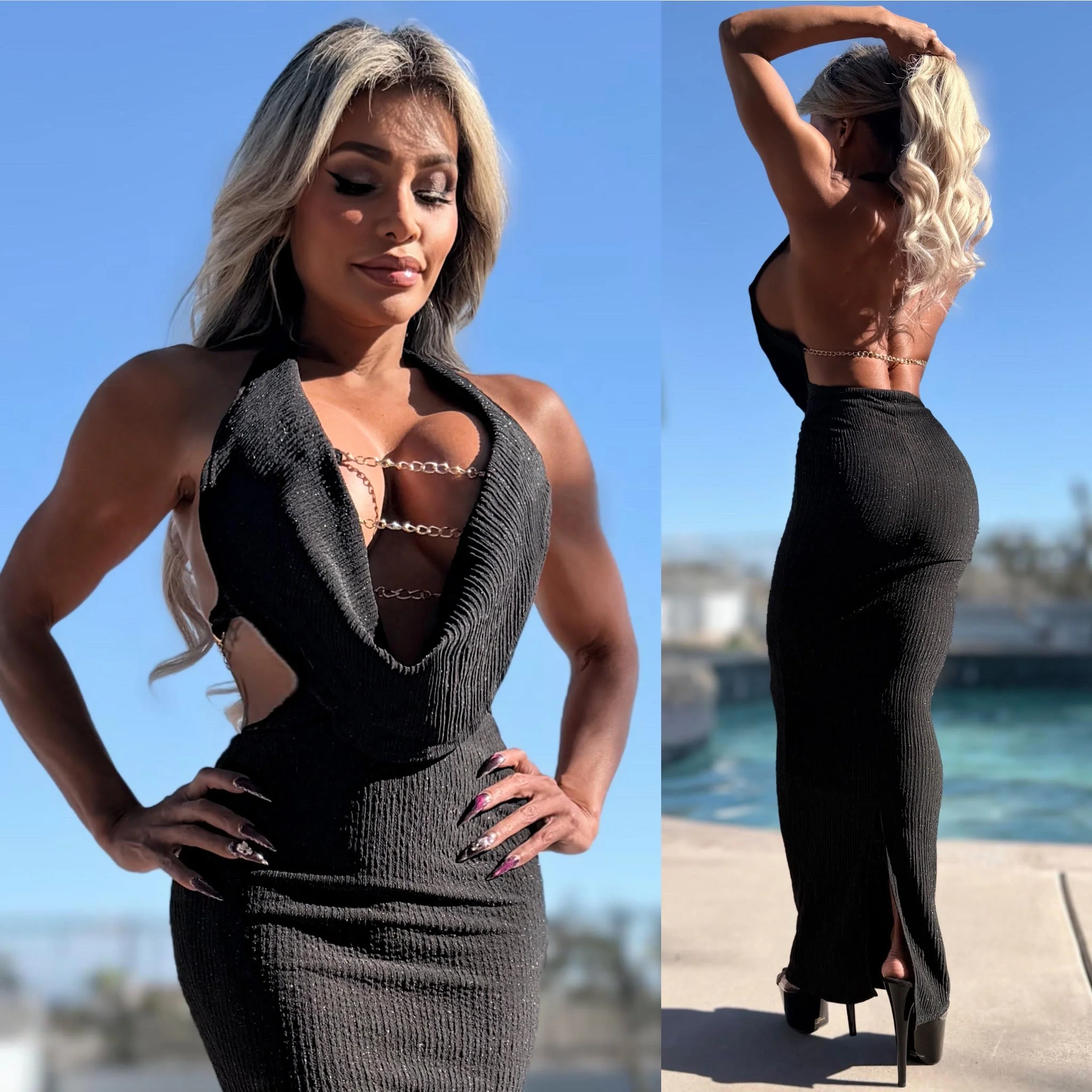 Connie's LIMITED EXCLUSIVE "BLACK CHAMPAGNE SPARKLE 🍾🥂 MAXI" GOLD CHAIN CHEST Accent, Deep Plunge, SOFT Stretch Fit, Made in USA