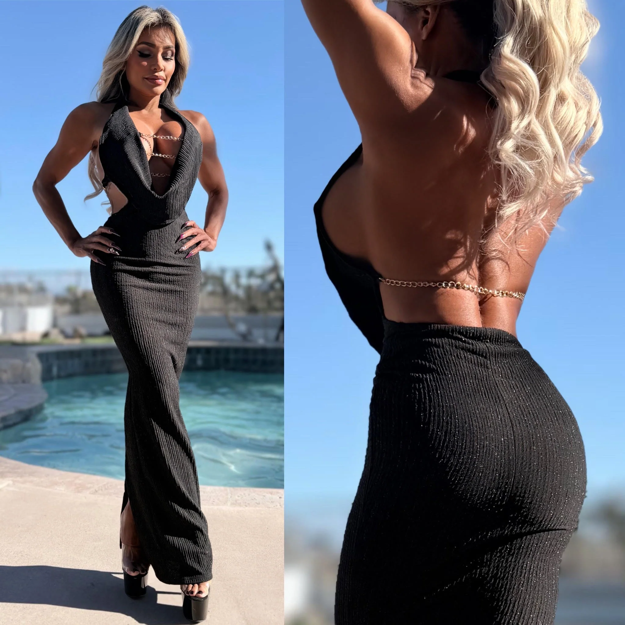 Connie's LIMITED EXCLUSIVE "BLACK CHAMPAGNE SPARKLE 🍾🥂 MAXI" GOLD CHAIN CHEST Accent, Deep Plunge, SOFT Stretch Fit, Made in USA - Image 3