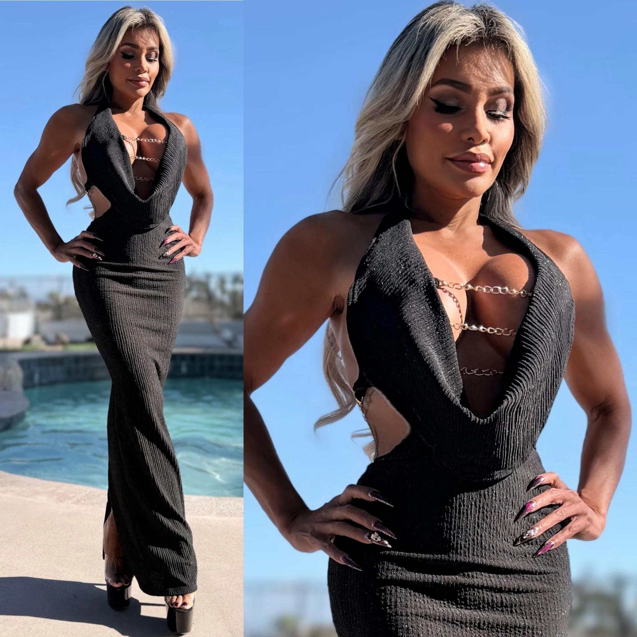 Connie's LIMITED EXCLUSIVE "BLACK CHAMPAGNE SPARKLE 🍾🥂 MAXI" GOLD CHAIN CHEST Accent, Deep Plunge, SOFT Stretch Fit, Made in USA - Image 4
