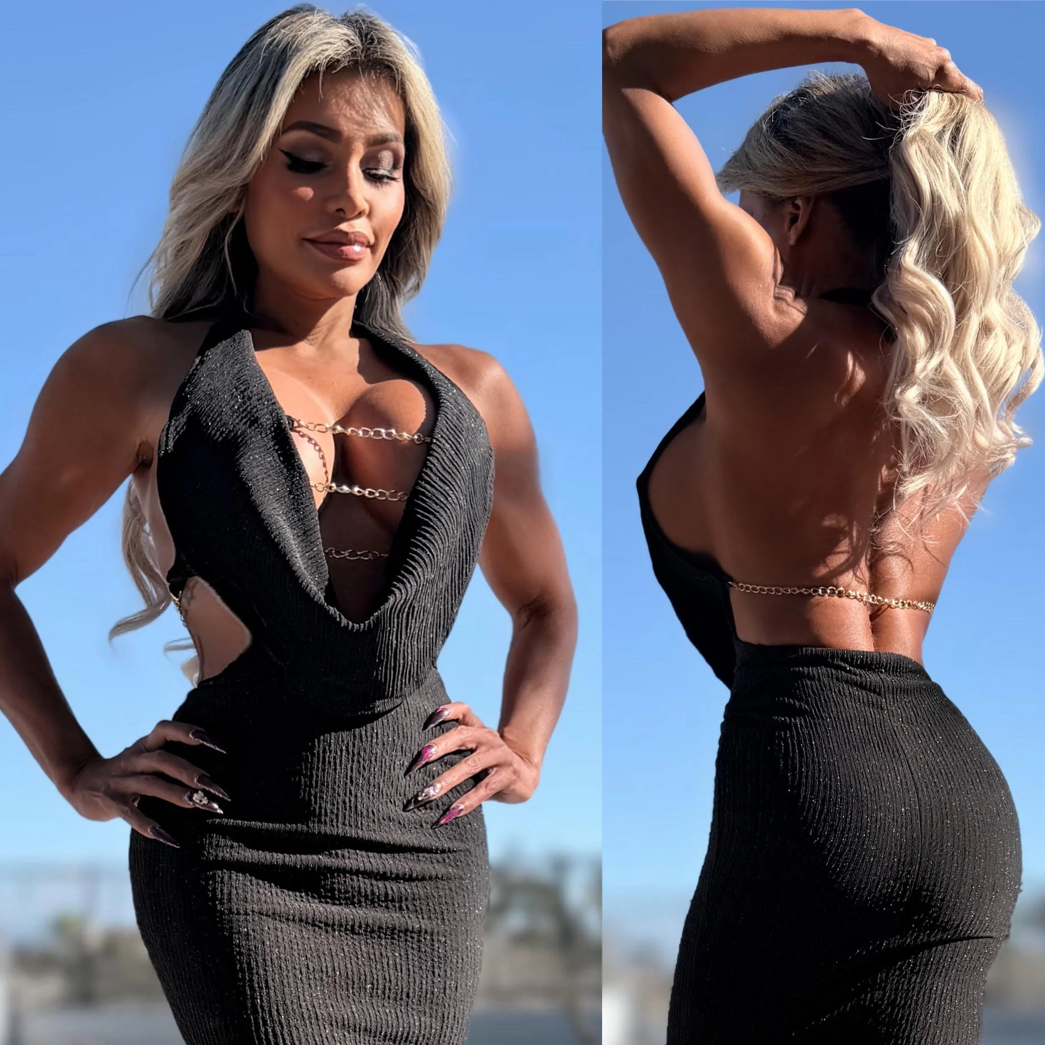 Connie's LIMITED EXCLUSIVE "BLACK CHAMPAGNE SPARKLE 🍾🥂 MAXI" GOLD CHAIN CHEST Accent, Deep Plunge, SOFT Stretch Fit, Made in USA - Image 6