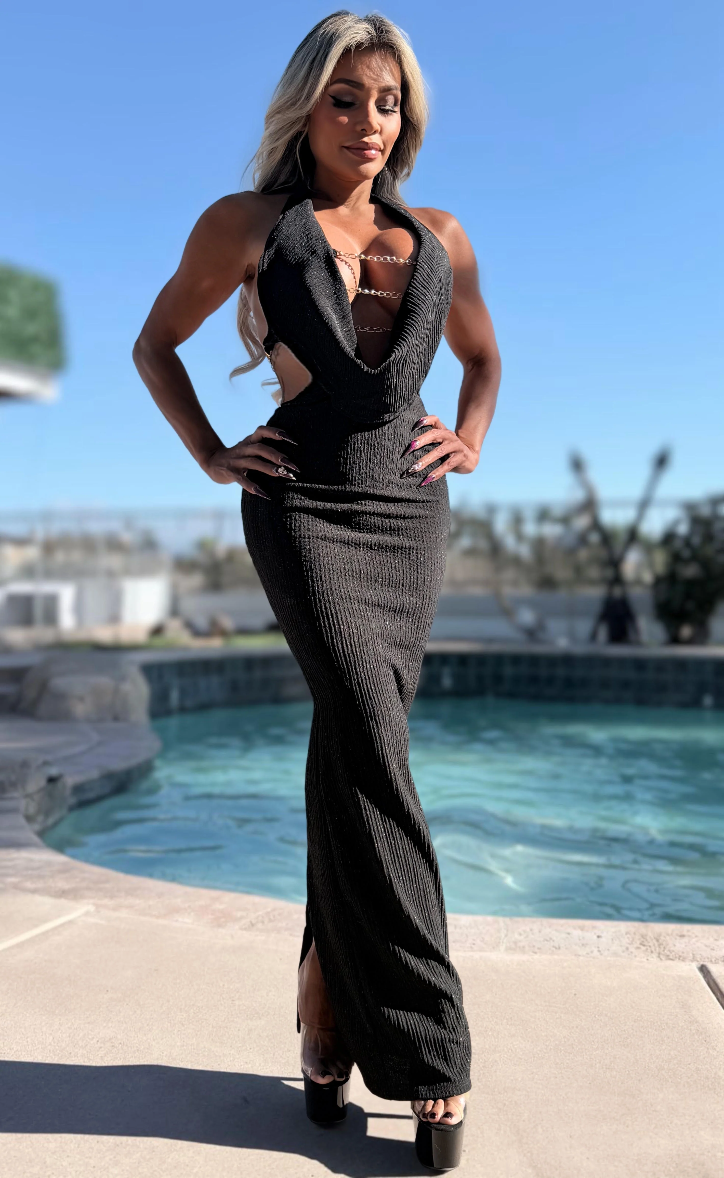 Connie's LIMITED EXCLUSIVE "BLACK CHAMPAGNE SPARKLE 🍾🥂 MAXI" GOLD CHAIN CHEST Accent, Deep Plunge, SOFT Stretch Fit, Made in USA - Image 8