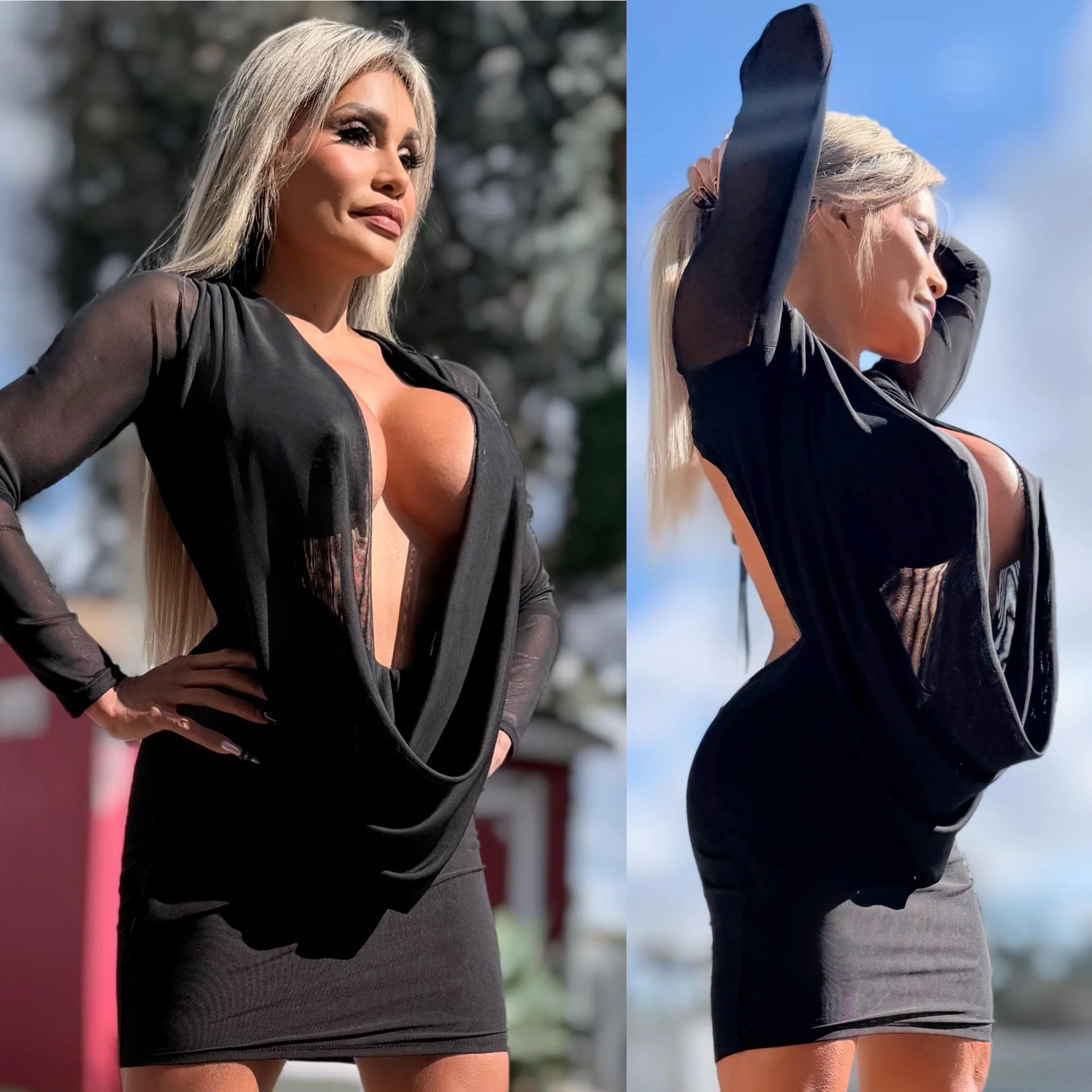 Connie's LIMITED "BLACK MESH 🥂🍾 RICH & DARING MINI" GIANT COWL Plunge, Double Fabric LINED, Not for the SHY - Image 2