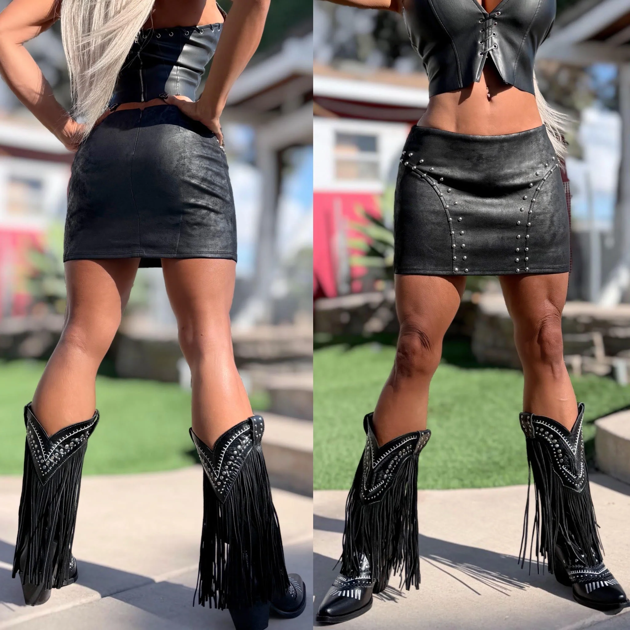 Connie's LIMITED EXCLUSIVE "X SUEDE STUDDED 🤠 WESTERN MINI SKIRT" Stretch BLACK X SUEDE STUDDED, Zip Back Closure - Image 2