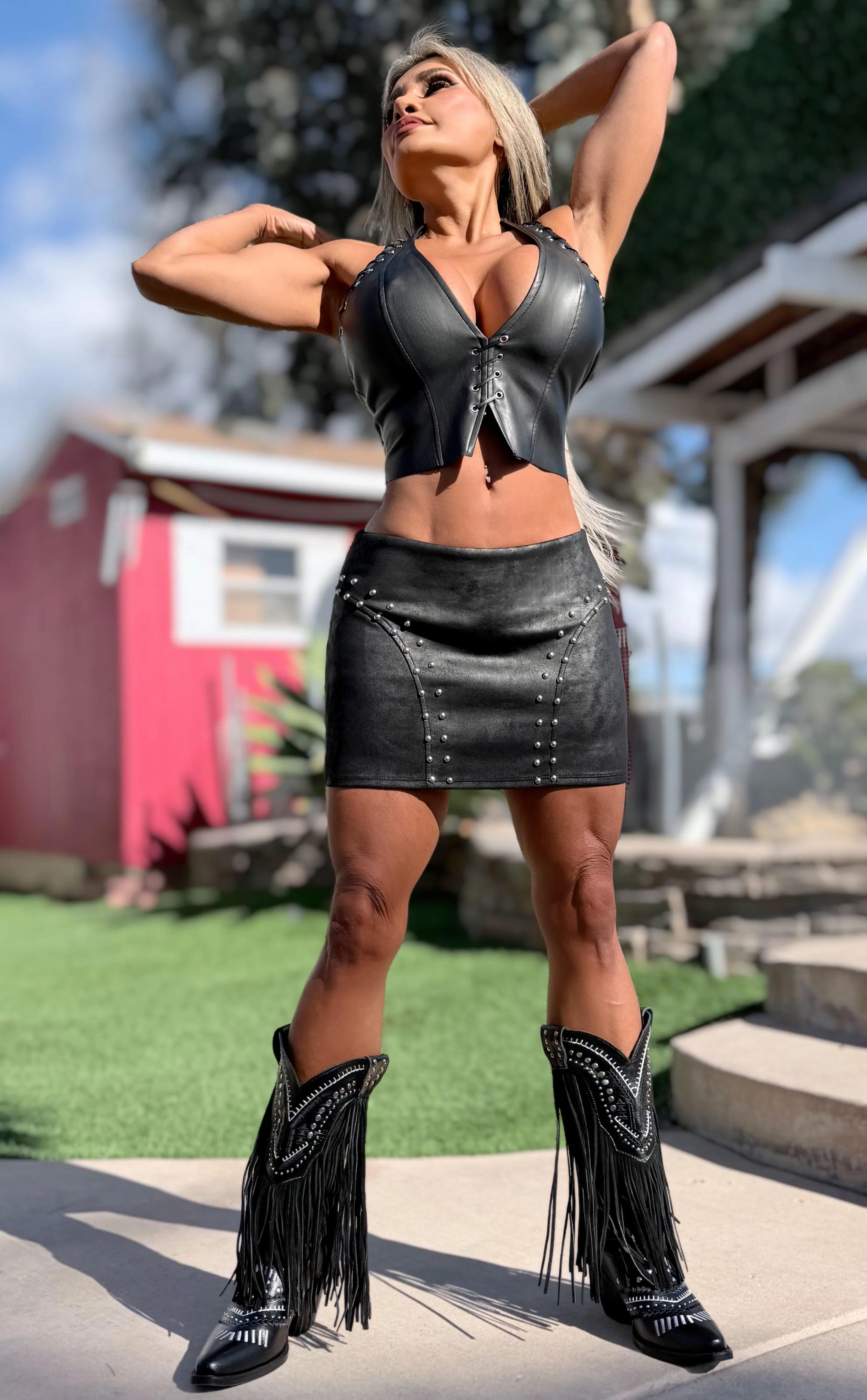 Connie's LIMITED EXCLUSIVE "X SUEDE STUDDED 🤠 WESTERN MINI SKIRT" Stretch BLACK X SUEDE STUDDED, Zip Back Closure - Image 6