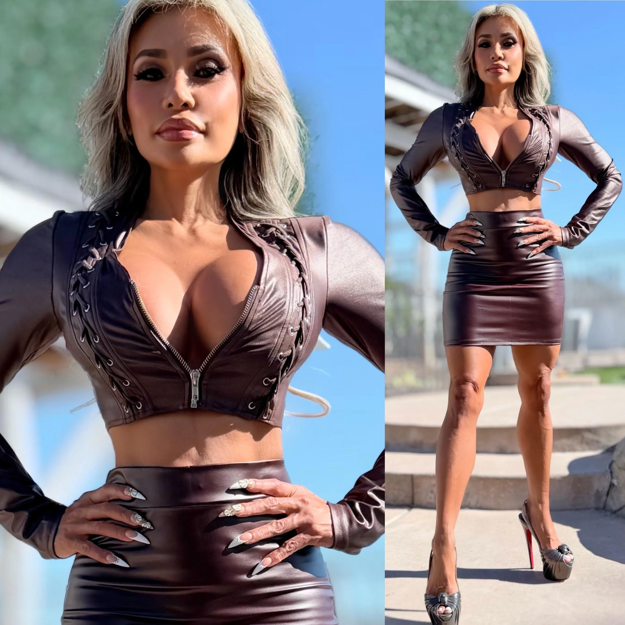Connie's LIMITED ITEM "FRENCH BORDEAUX 🍷 X-LEATHER ZIP FRONT CROP TOP/JACKET" WEAVE ACCENTS, FULL ZIP, Stretch X Leather Fabric - Image 4