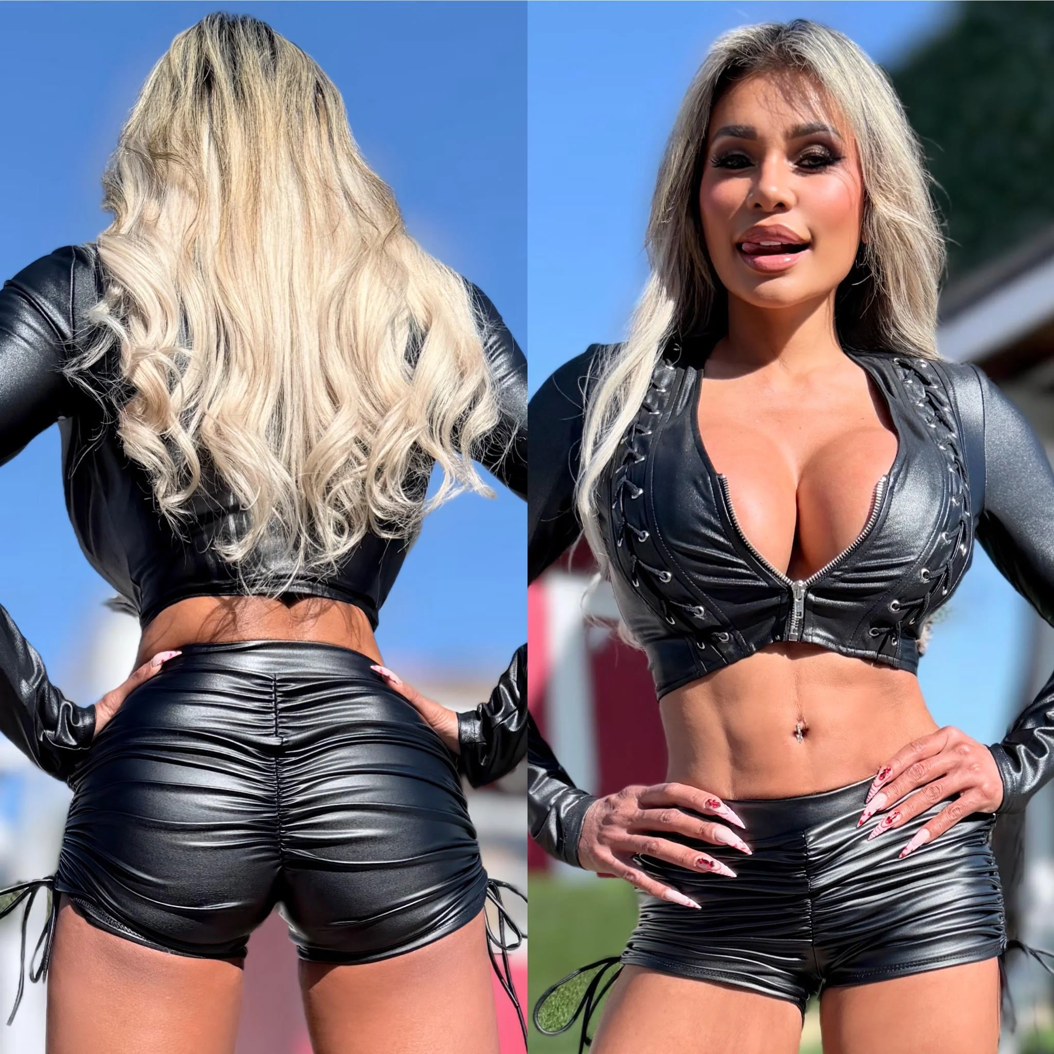 Connie's LIMITED ITEM "BLACK STRETCH X-LEATHER ZIP FRONT CROP TOP/JACKET" WEAVE ACCENTS, FULL ZIP, Stretch X Leather Fabric - Image 2