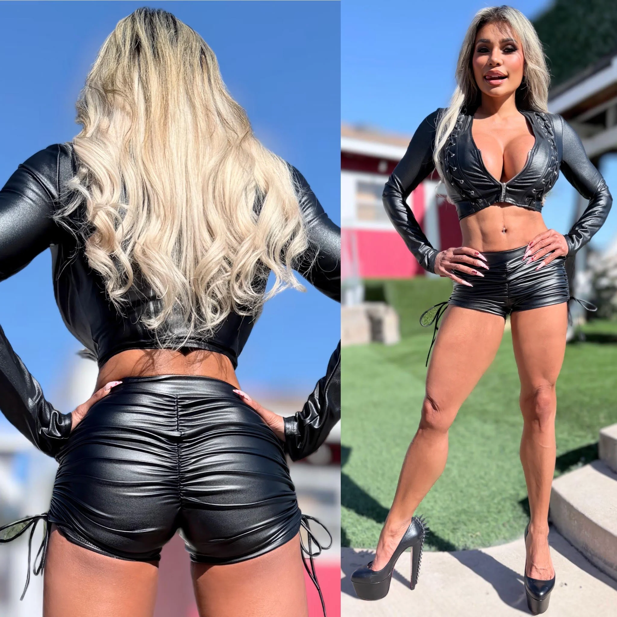 Connie's LIMITED ITEM "BLACK STRETCH X-LEATHER ZIP FRONT CROP TOP/JACKET" WEAVE ACCENTS, FULL ZIP, Stretch X Leather Fabric - Image 4
