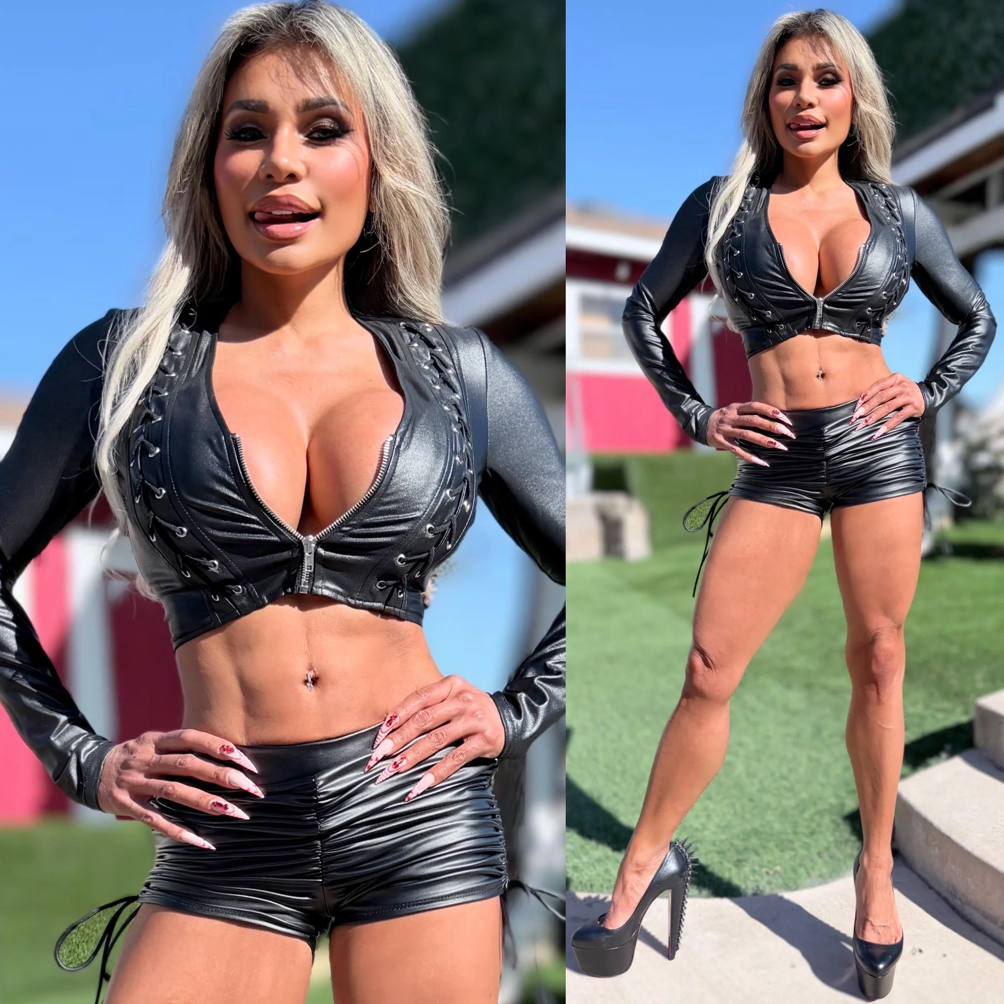 Connie's LIMITED ITEM "BLACK STRETCH X-LEATHER ZIP FRONT CROP TOP/JACKET" WEAVE ACCENTS, FULL ZIP, Stretch X Leather Fabric - Image 5