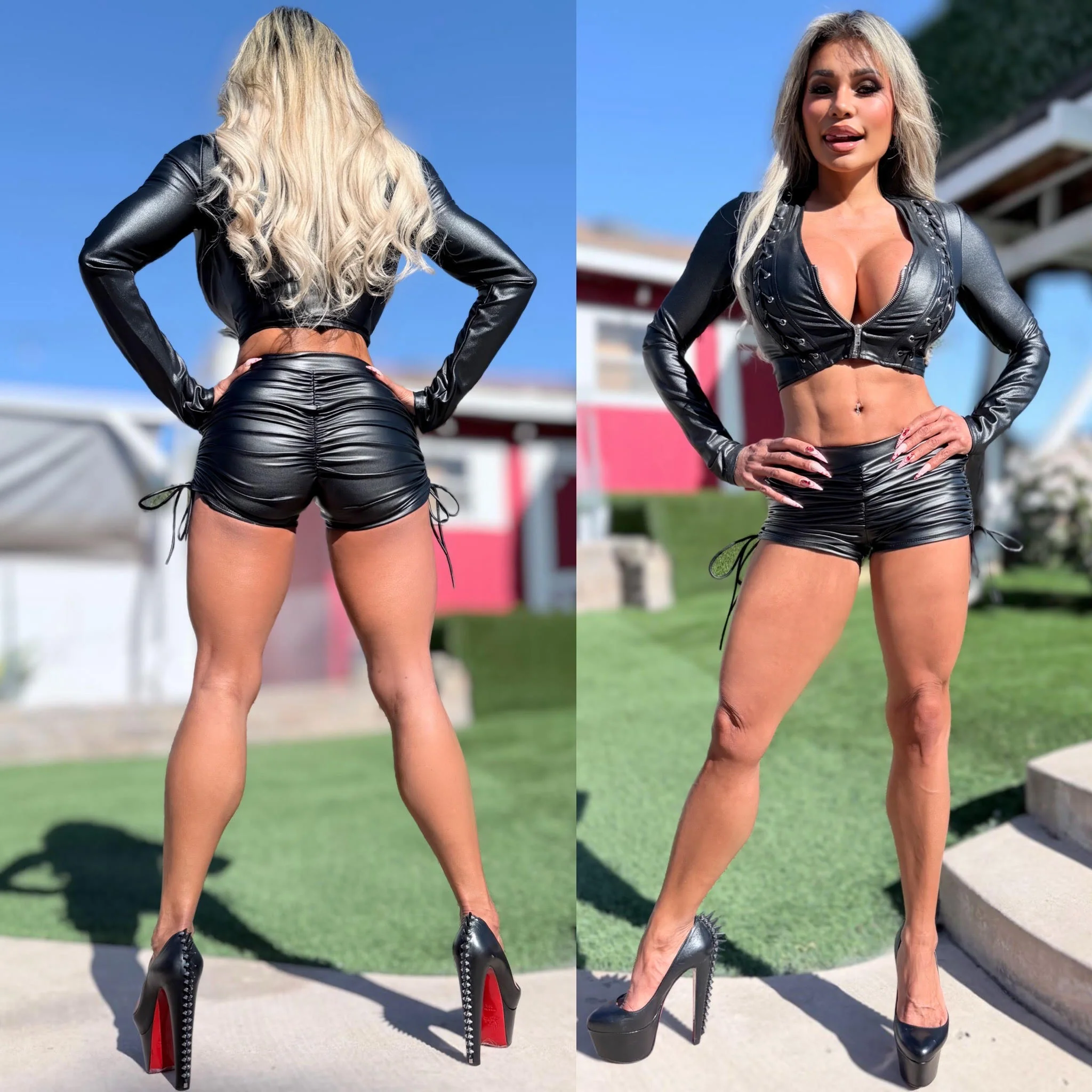 Connie's LIMITED ITEM "BLACK STRETCH X-LEATHER ZIP FRONT CROP TOP/JACKET" WEAVE ACCENTS, FULL ZIP, Stretch X Leather Fabric - Image 6