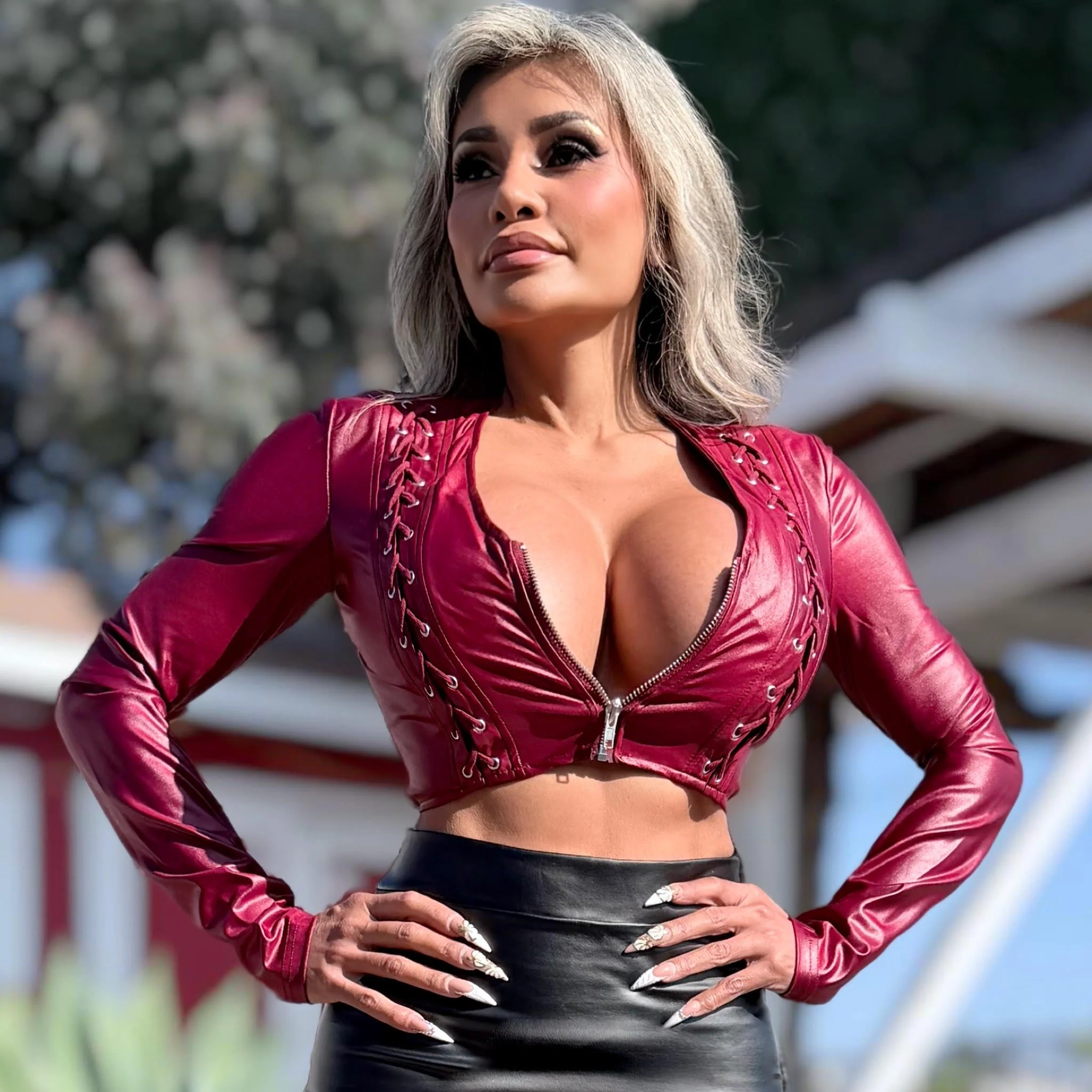 Connie's LIMITED ITEM "CRANBERRY RED X-LEATHER ZIP FRONT CROP TOP/JACKET" WEAVE ACCENTS, FULL ZIP, Stretch X Leather Fabric - Image 3