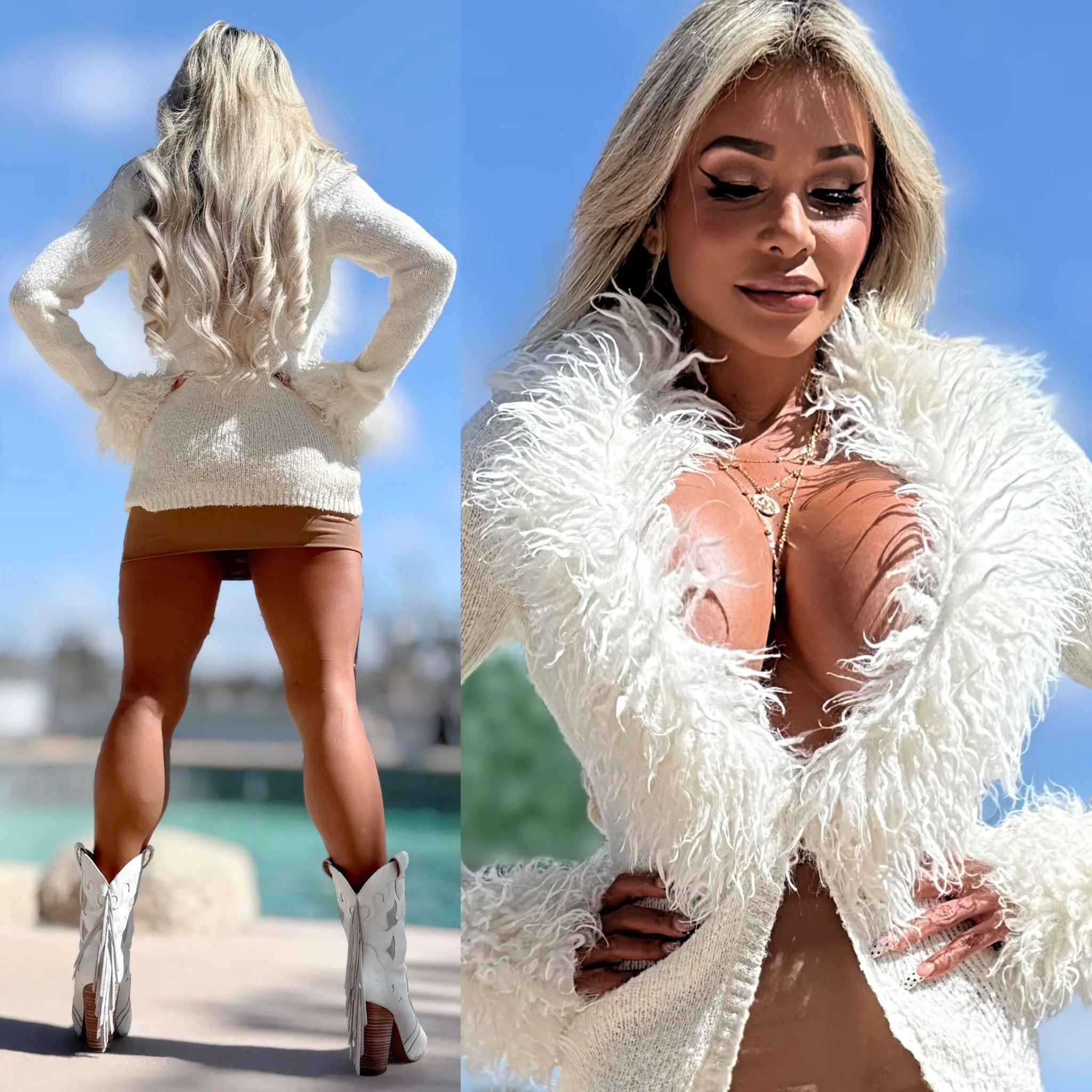 Connie's **LIMITED** "RICH 2 Button Close SWEATER" WHITE X- Mongolian Lamb Collar and Wrist, Extreme Chest Plunge, Wear a Bra or Cami With it , or NOT!!! - Image 2