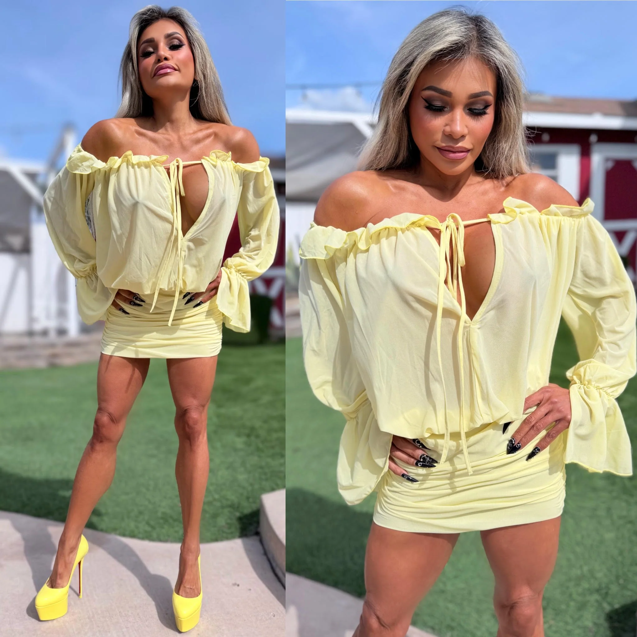 Connie's "SUNSHINE SPRINGTIME MINI" Ruched Lower, Adjustable Off Shoulder, Stretch Fabric - Image 2