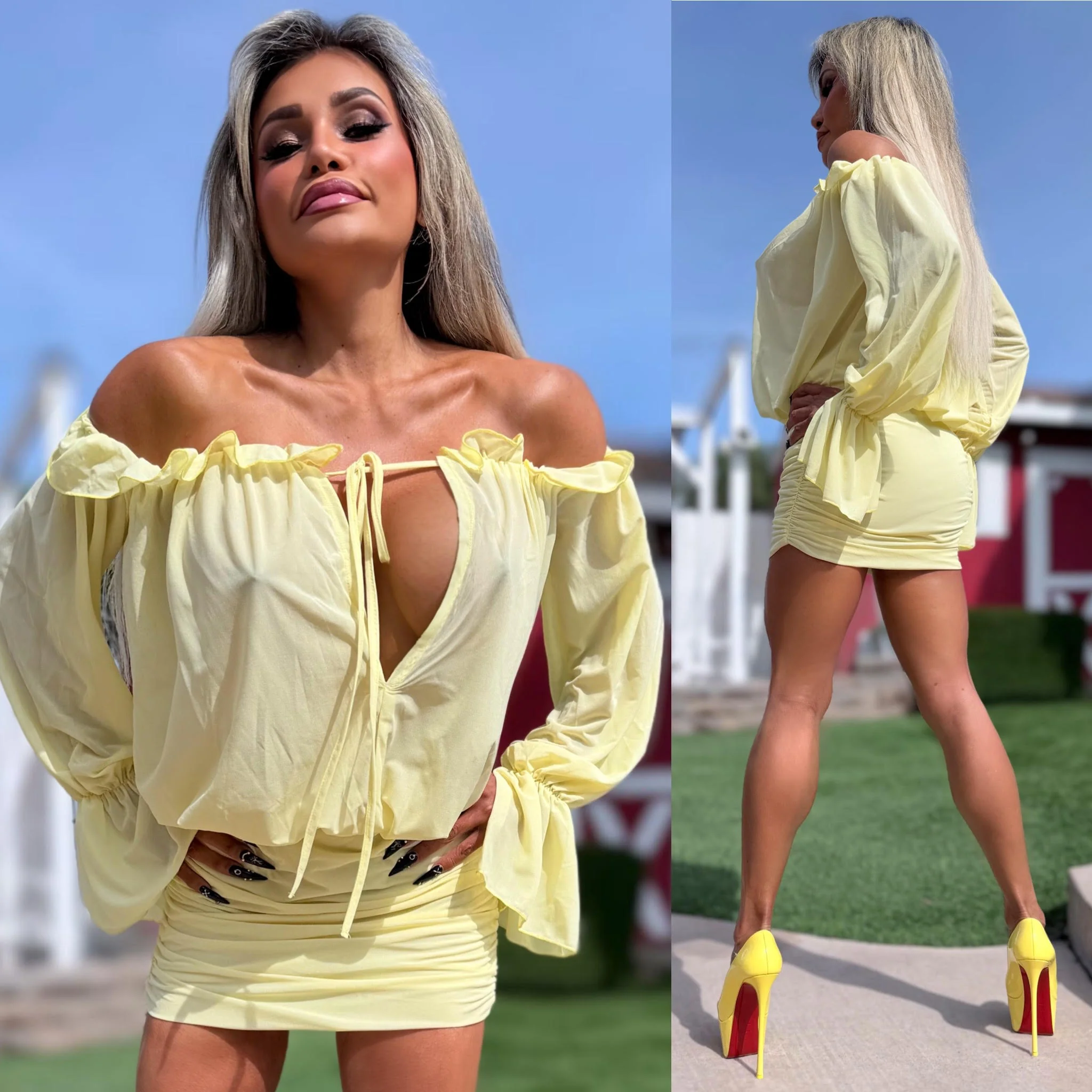 Connie's "SUNSHINE SPRINGTIME MINI" Ruched Lower, Adjustable Off Shoulder, Stretch Fabric - Image 3