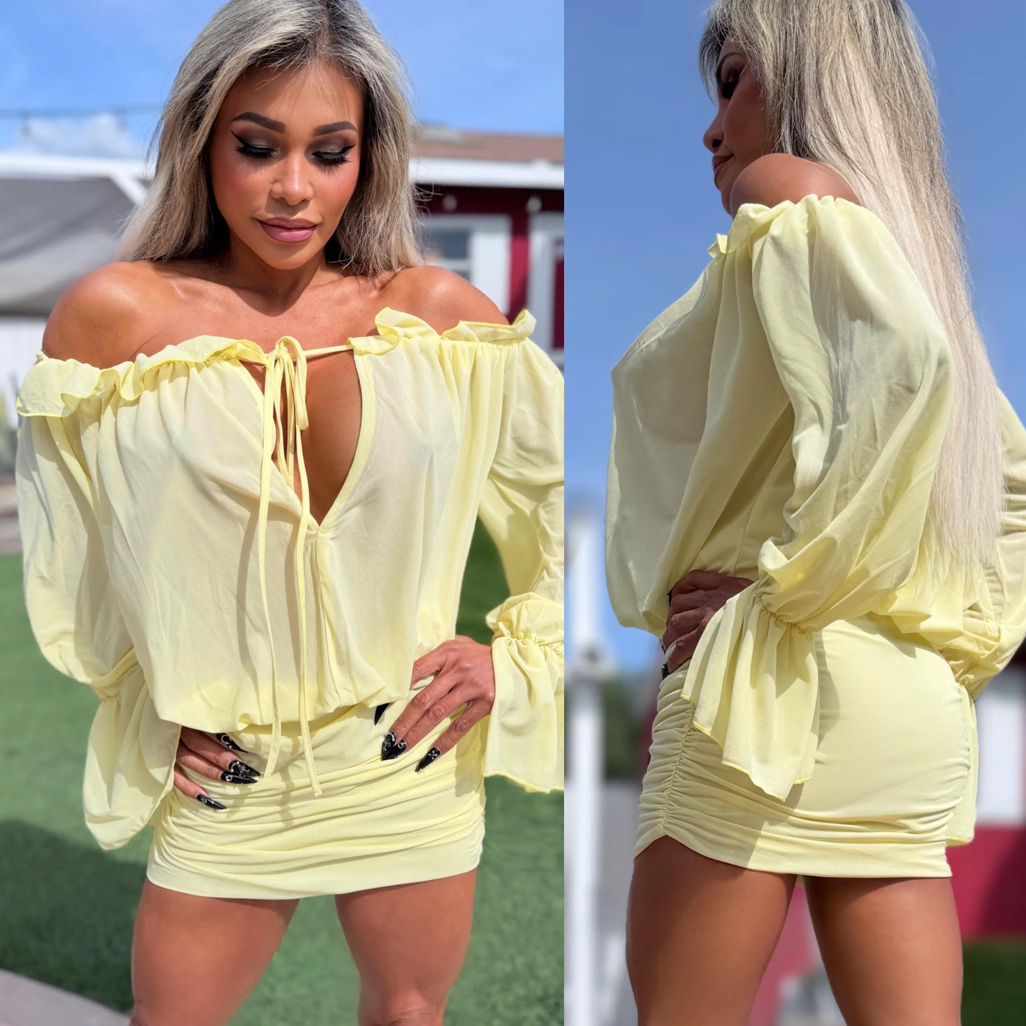 Connie's "SUNSHINE SPRINGTIME MINI" Ruched Lower, Adjustable Off Shoulder, Stretch Fabric - Image 4