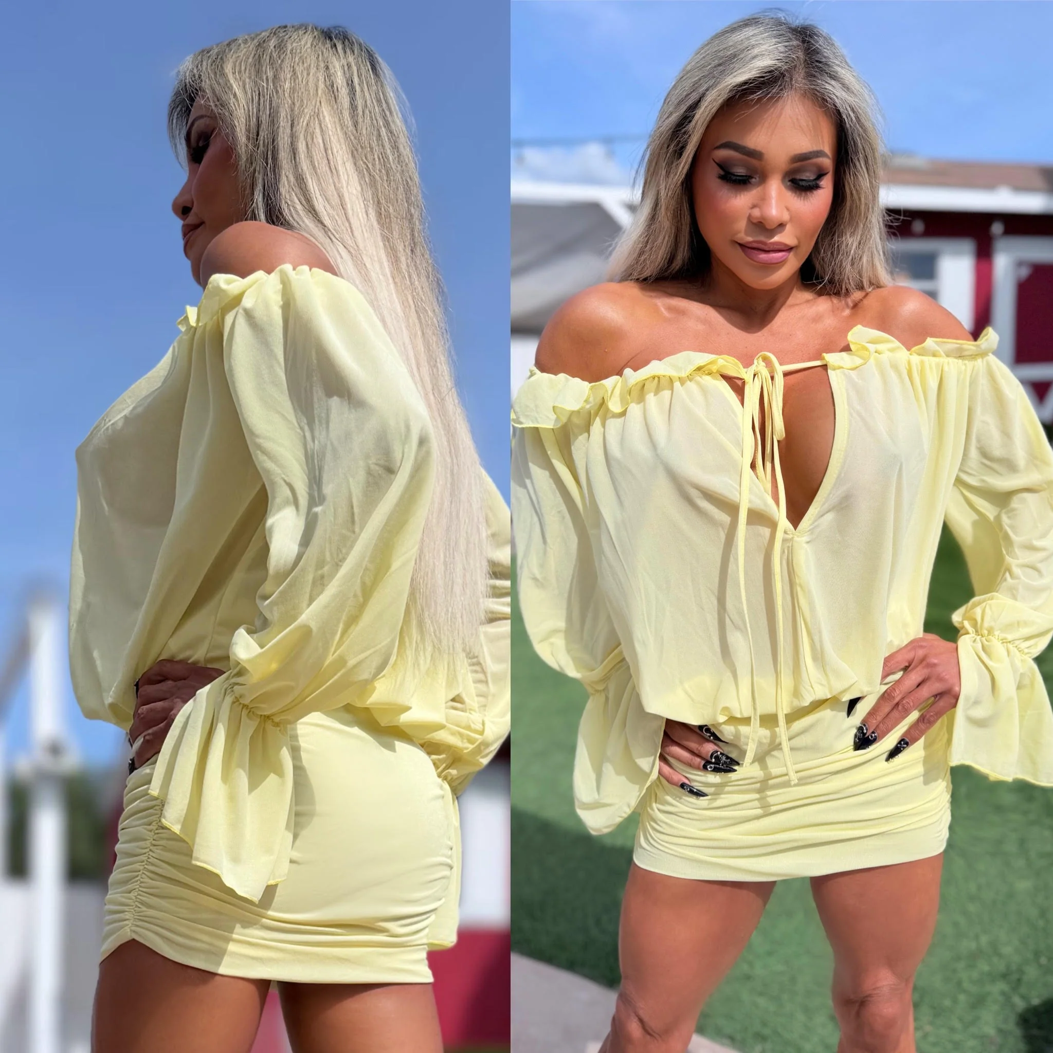 Connie's "SUNSHINE SPRINGTIME MINI" Ruched Lower, Adjustable Off Shoulder, Stretch Fabric - Image 5