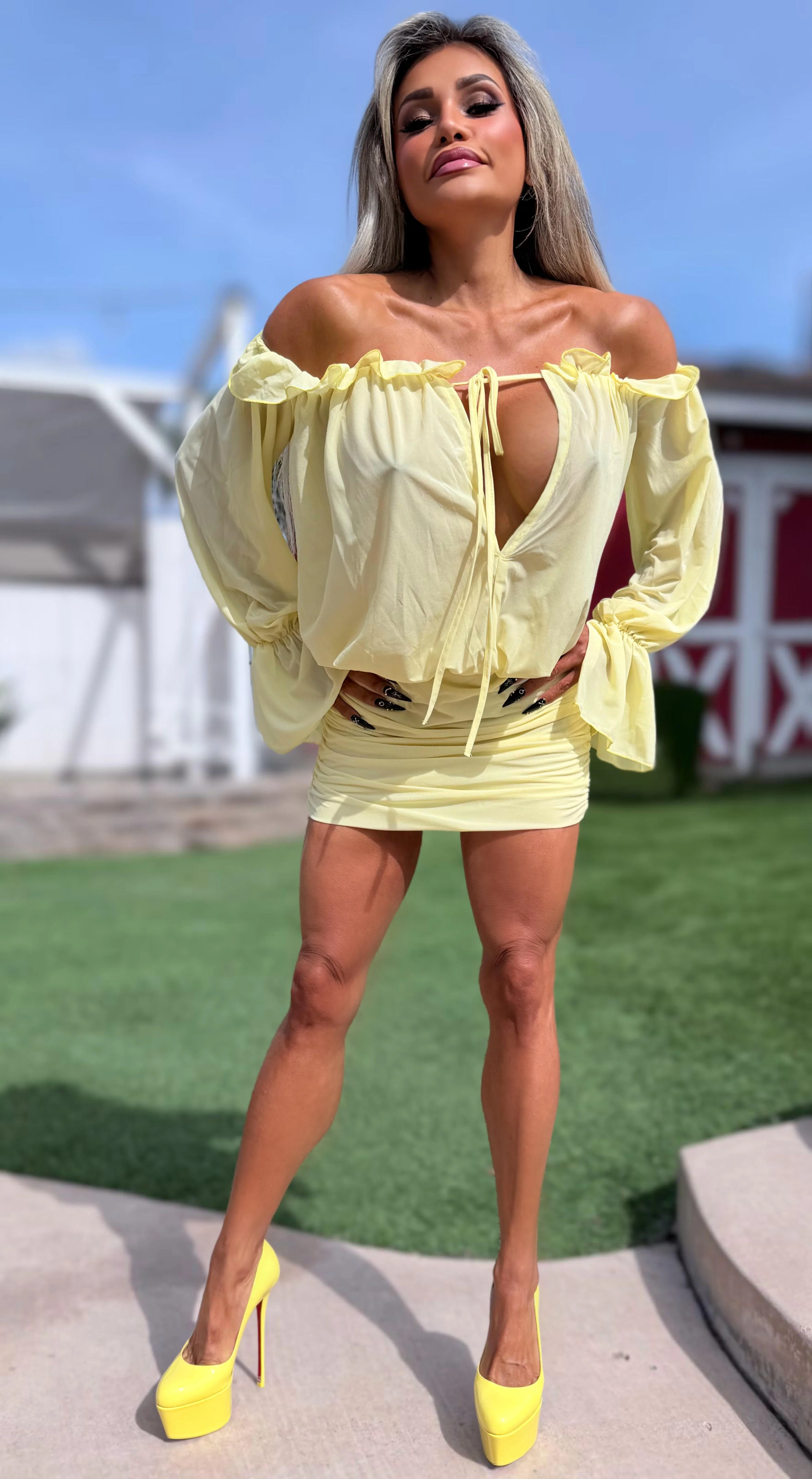Connie's "SUNSHINE SPRINGTIME MINI" Ruched Lower, Adjustable Off Shoulder, Stretch Fabric - Image 8