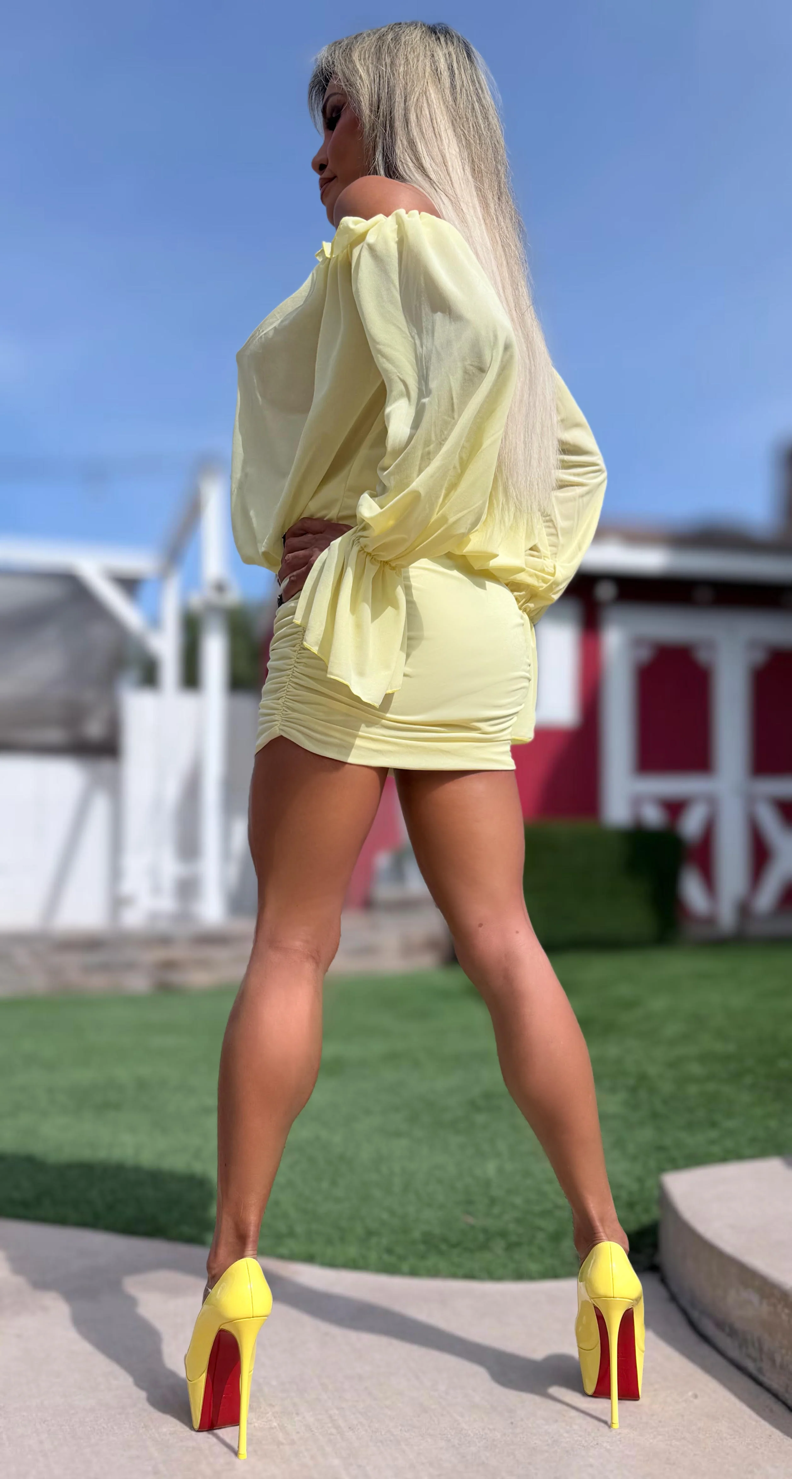 Connie's "SUNSHINE SPRINGTIME MINI" Ruched Lower, Adjustable Off Shoulder, Stretch Fabric - Image 9