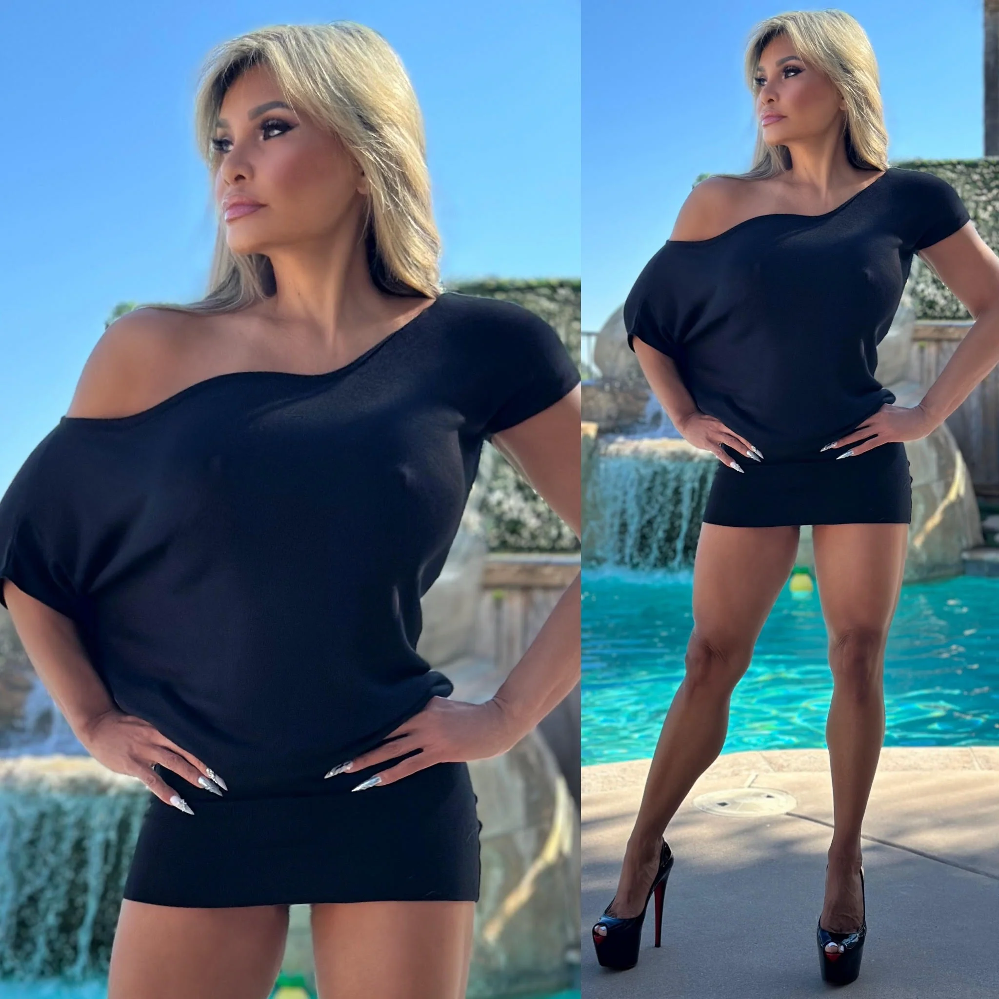 Connie's LIMITED "RICH OFF SHOULDER Lightweight SWEATER MINI" BLACK Stretch Sweater Mini Dress, Fully Adjustable Length, Made in USA - Image 6