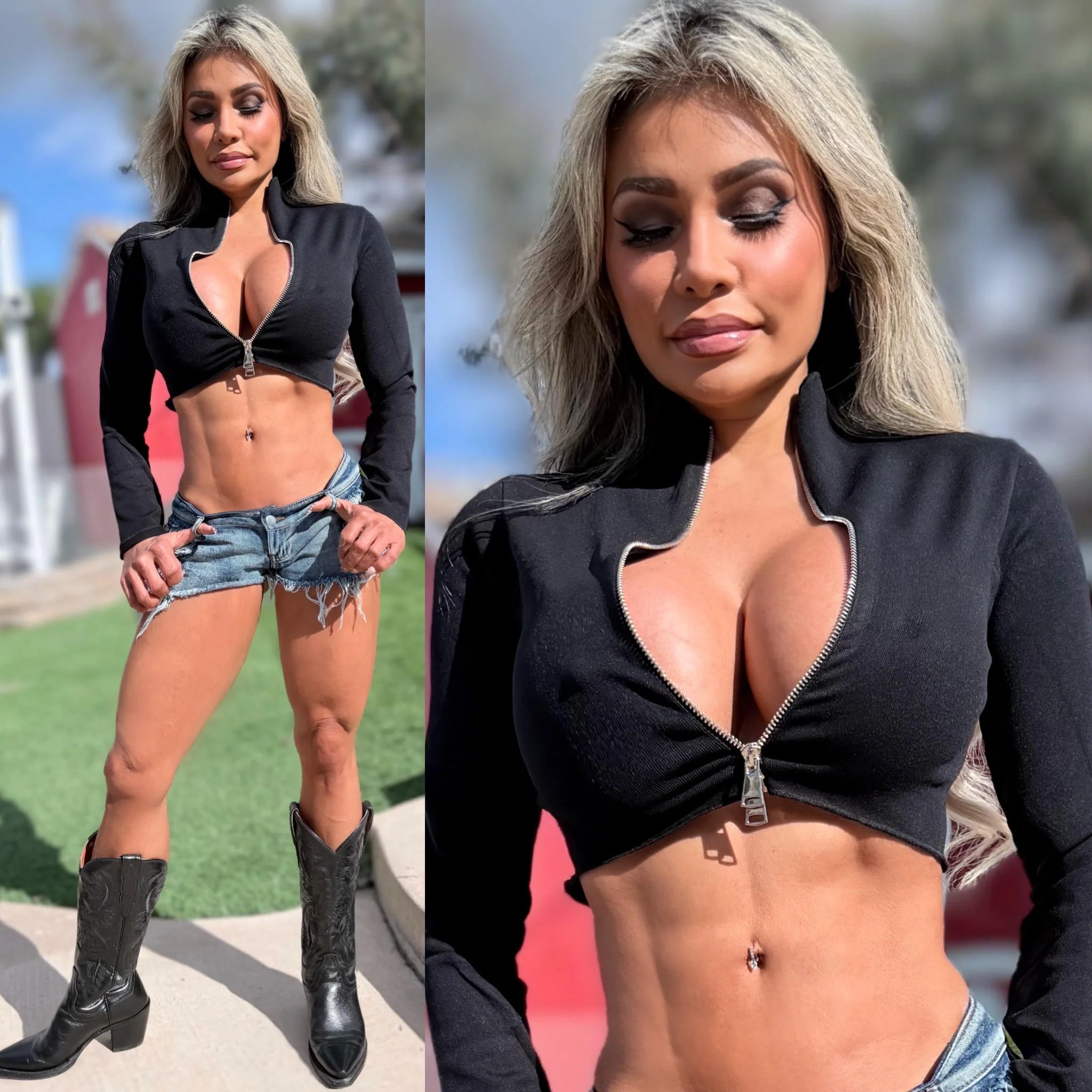 Connie's **LIMITED** "RICH BLACK STRETCH DUAL ZIP KNIT TOP" Adjustable Dyal Zip Chest Exposure, Nice SNUG STRETCH FIT - Image 2
