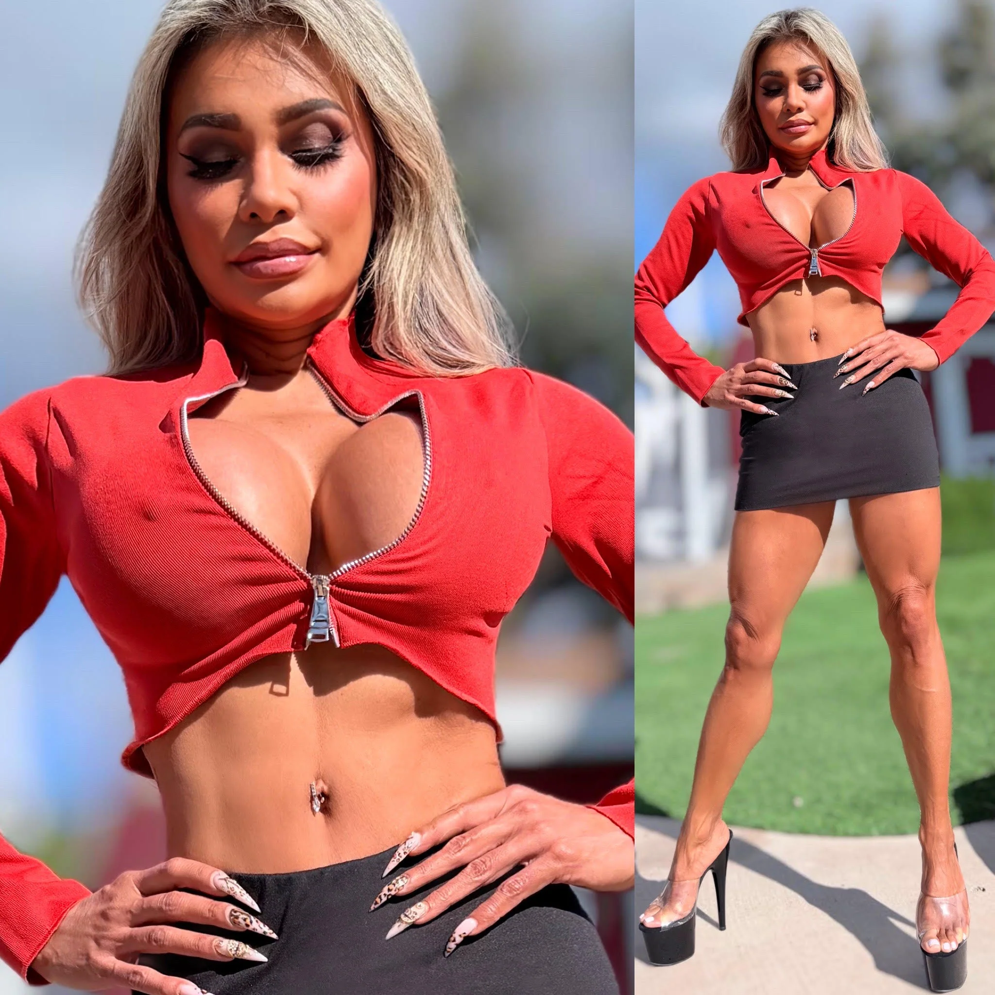 Connie's **LIMITED** "RICH RED STRETCH DUAL ZIP KNIT TOP" Adjustable Dyal Zip Chest Exposure, Nice SNUG STRETCH FIT - Image 5