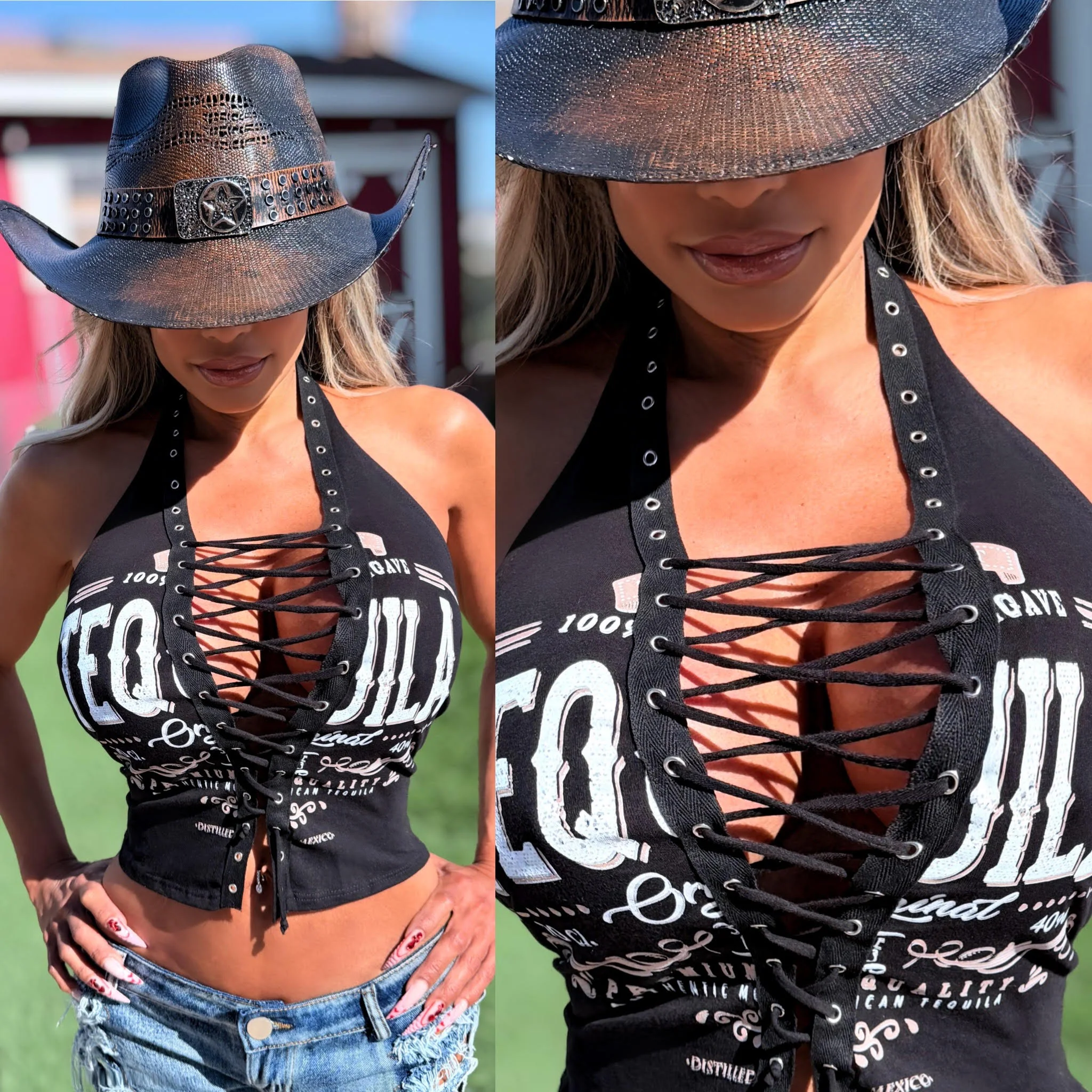 Connie's LIMITED!!! "BRONCO BUSTING TEQUILA T Halter top" Adjustable Corset front SOFT STRETCH TIGHT FIT, VINTAGE LOOK Graphics - Image 2