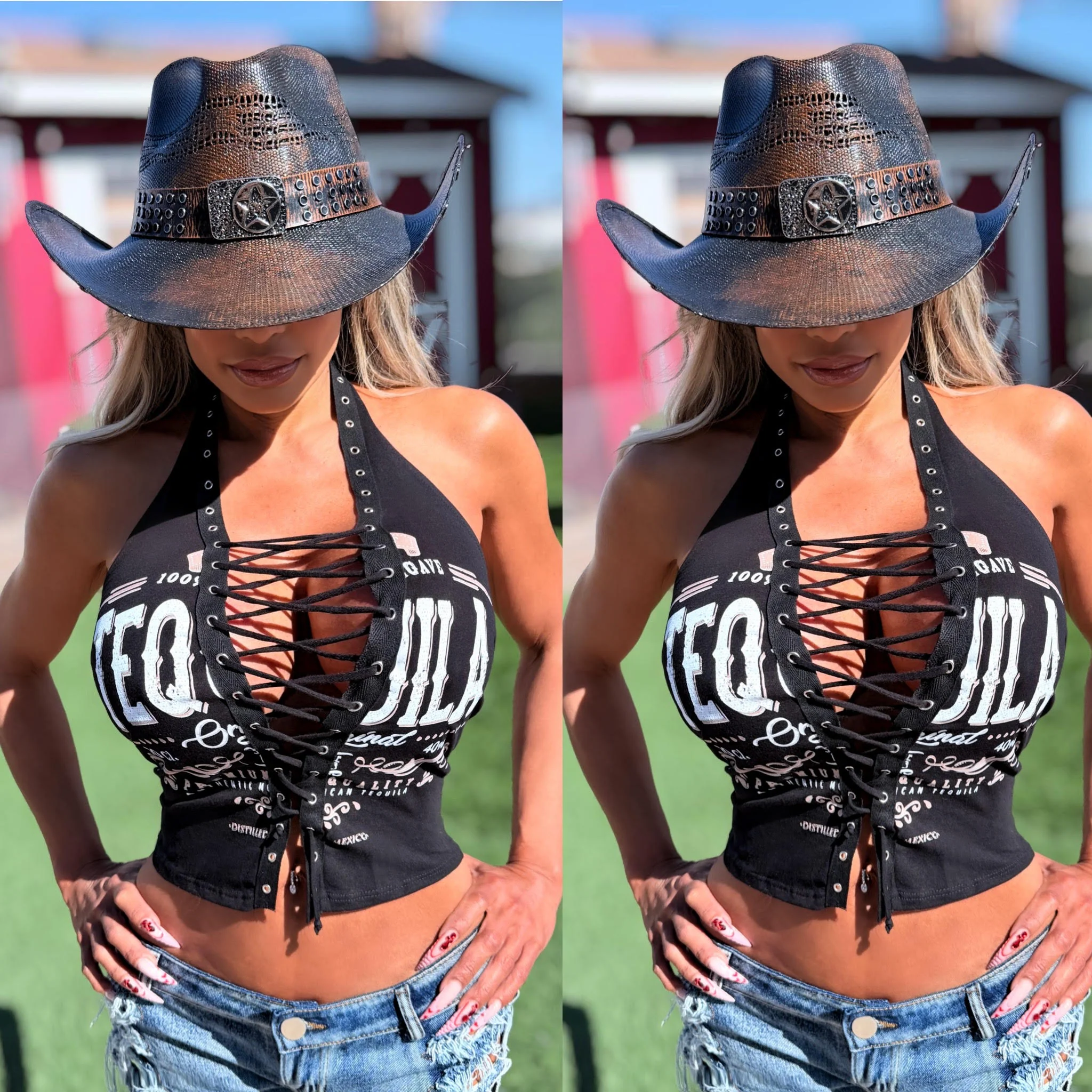 Connie's LIMITED!!! "BRONCO BUSTING TEQUILA T Halter top" Adjustable Corset front SOFT STRETCH TIGHT FIT, VINTAGE LOOK Graphics - Image 3