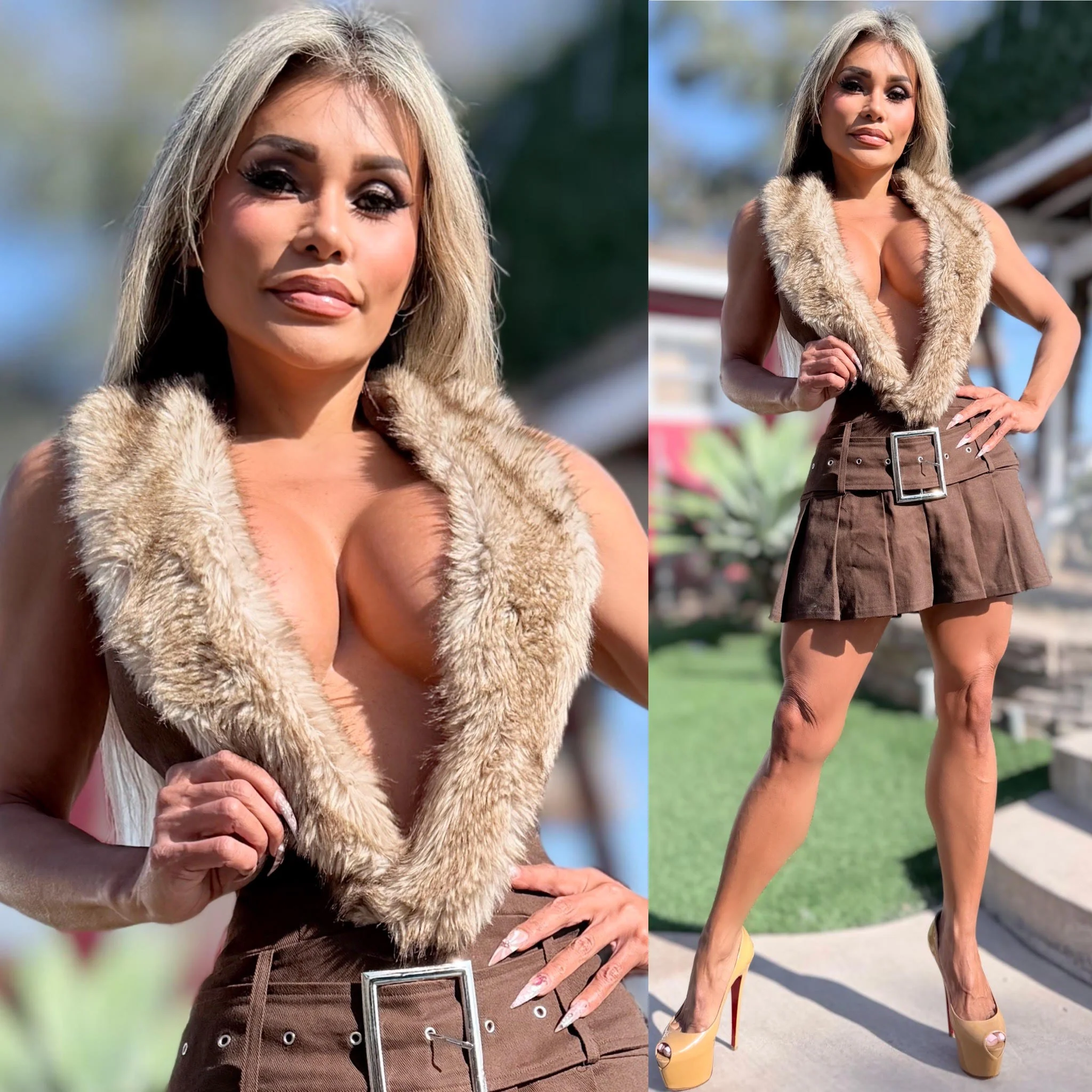 Connie's LIMITED!! "Seductive MONTANA MOUNTAIN BROWN Fur Collar Mini Dress" Stretch Halter Dress, DEEP PLUNGE, Adjustable Chest Closure - Image 2