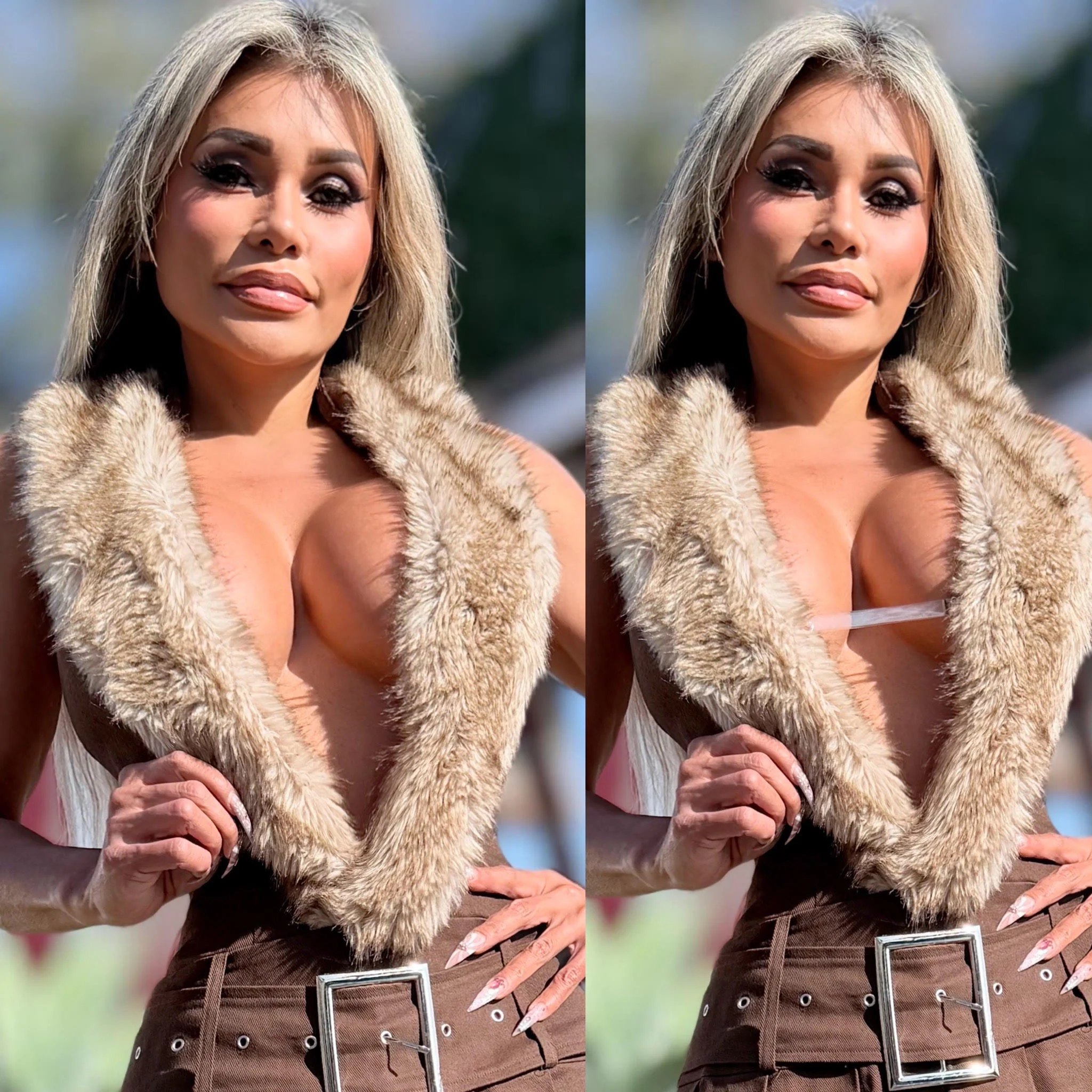 Connie's LIMITED!! "Seductive MONTANA MOUNTAIN BROWN Fur Collar Mini Dress" Stretch Halter Dress, DEEP PLUNGE, Adjustable Chest Closure - Image 3