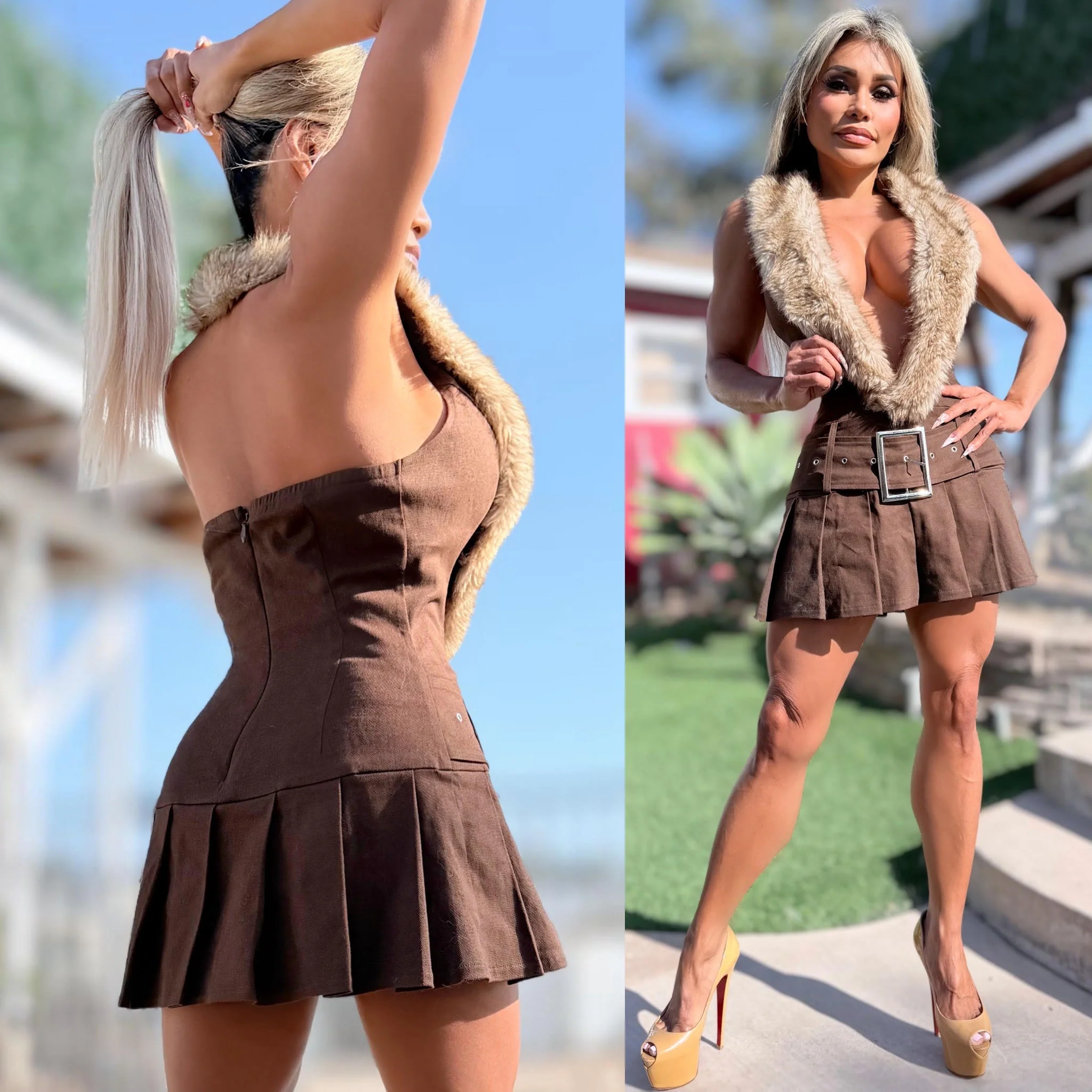 Connie's LIMITED!! "Seductive MONTANA MOUNTAIN BROWN Fur Collar Mini Dress" Stretch Halter Dress, DEEP PLUNGE, Adjustable Chest Closure - Image 6