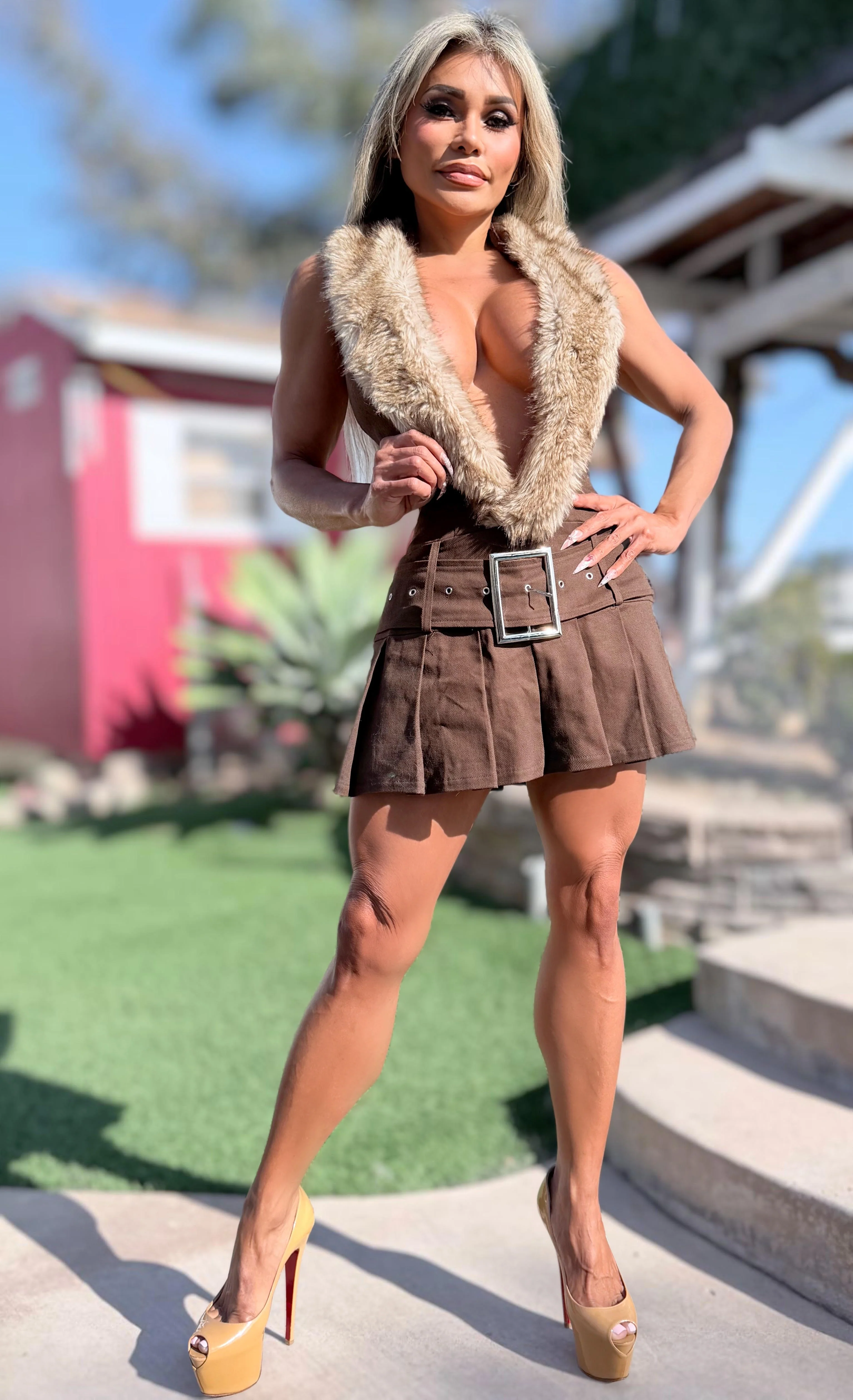 Connie's LIMITED!! "Seductive MONTANA MOUNTAIN BROWN Fur Collar Mini Dress" Stretch Halter Dress, DEEP PLUNGE, Adjustable Chest Closure - Image 7