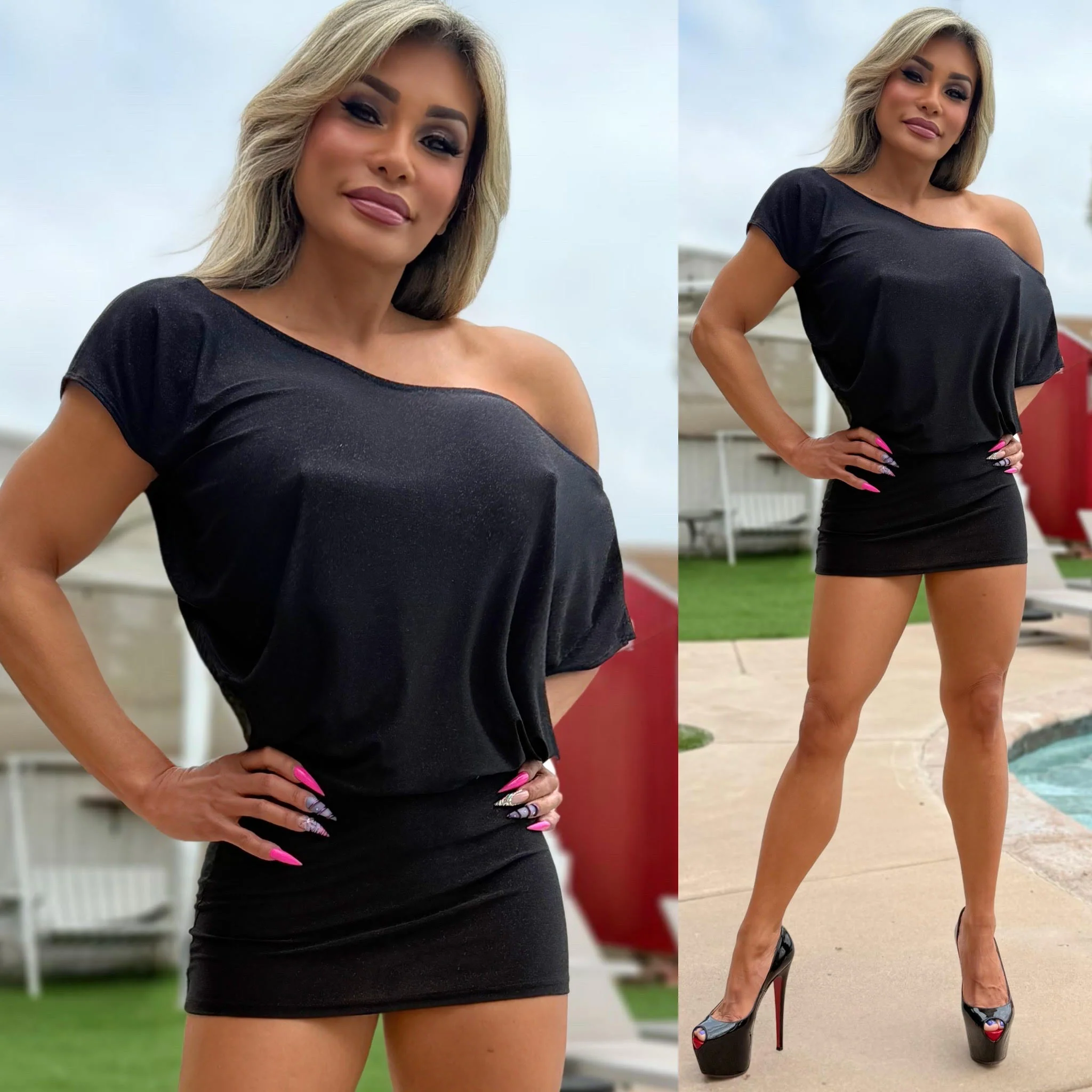 Connie's LIMITED "Semi Sheer BLACK SPARKLE ✨✨ MINI" RICH OFF SHOULDER, Full Stretch Fabric, Adjustable Length 🍸🍸🍸 - Image 4