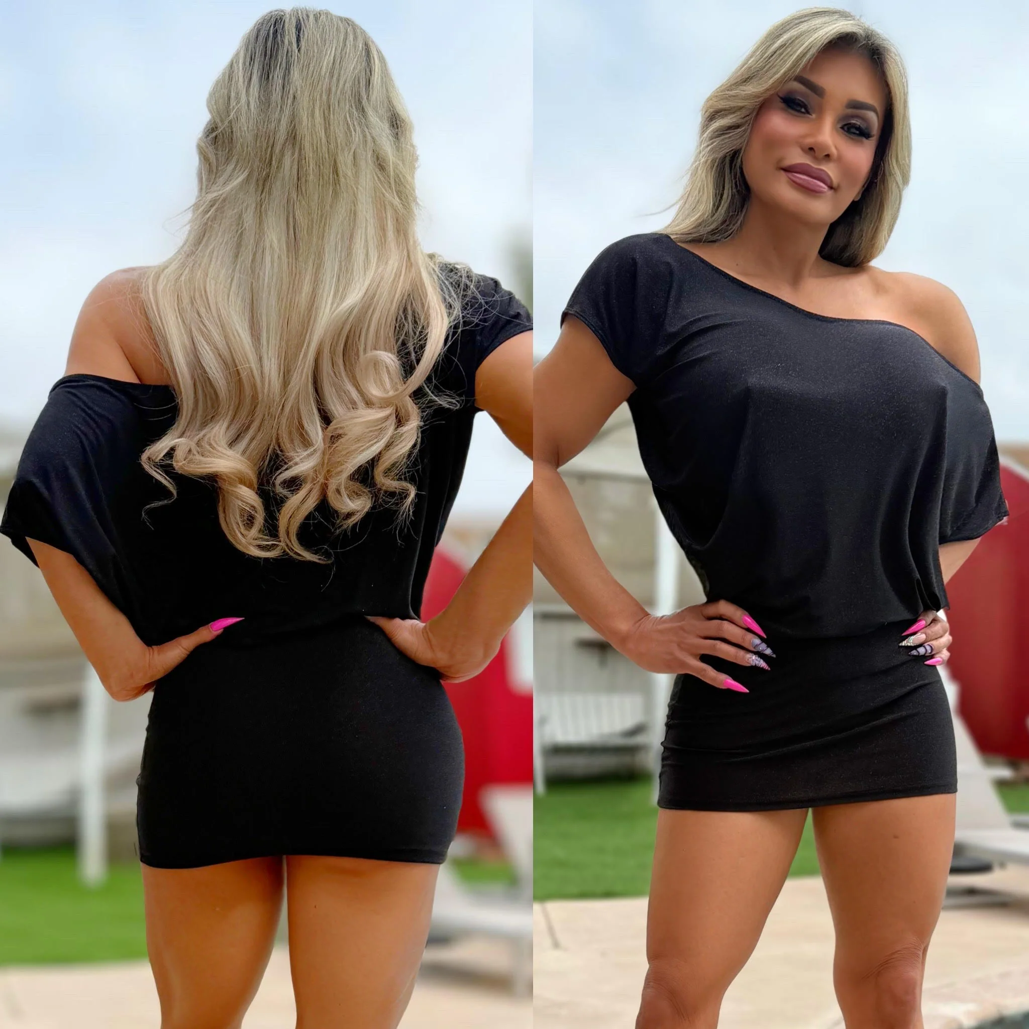 Connie's LIMITED "Semi Sheer BLACK SPARKLE ✨✨ MINI" RICH OFF SHOULDER, Full Stretch Fabric, Adjustable Length 🍸🍸🍸 - Image 5