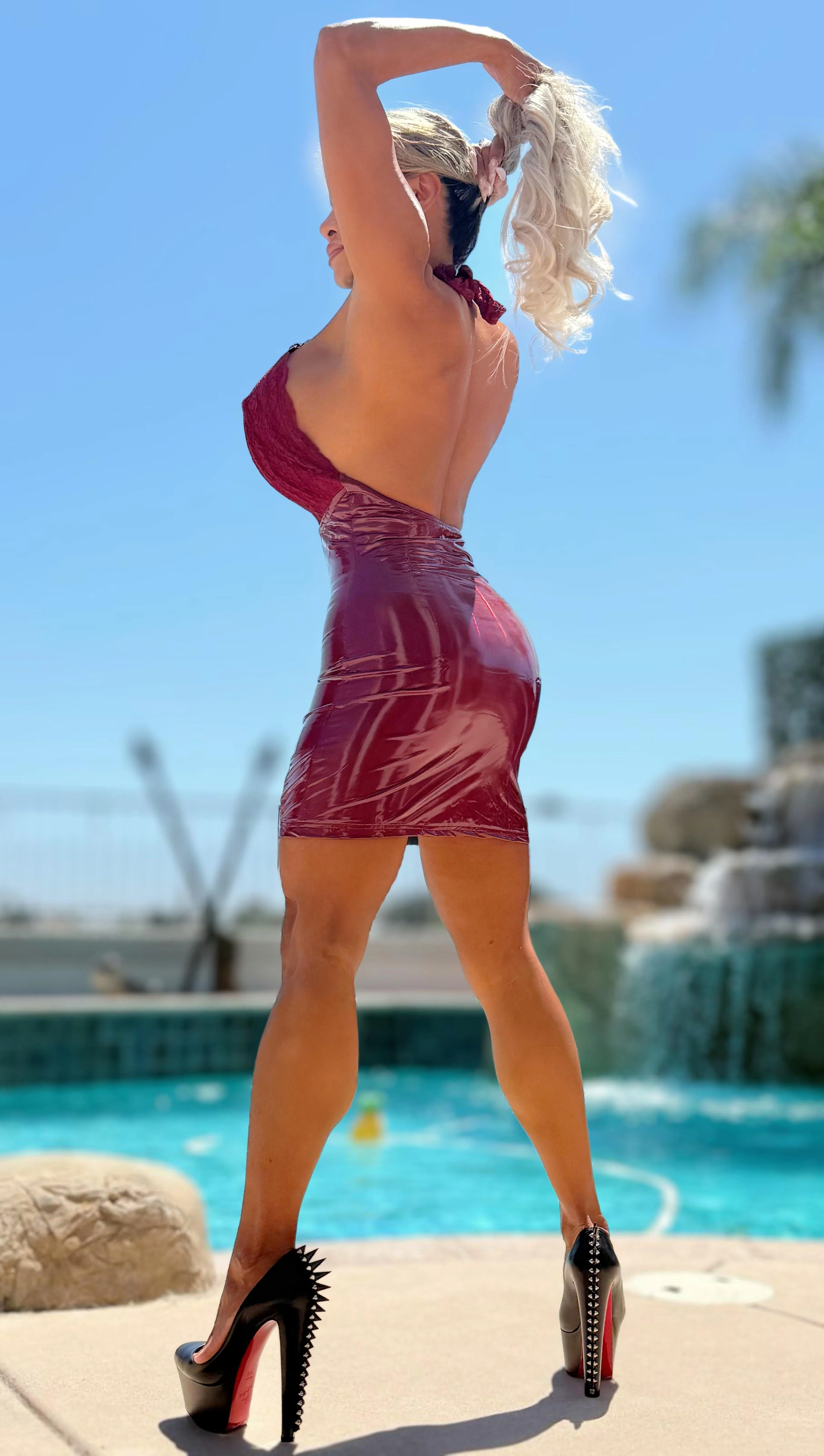 Connie's LIMITED "SHINY RED VAMP VINYL & LACE MINI Dress" STRETCH VINYL and LACE, Halter Neck Tie for any Chest Size 🍸🍸🍸 - Image 8