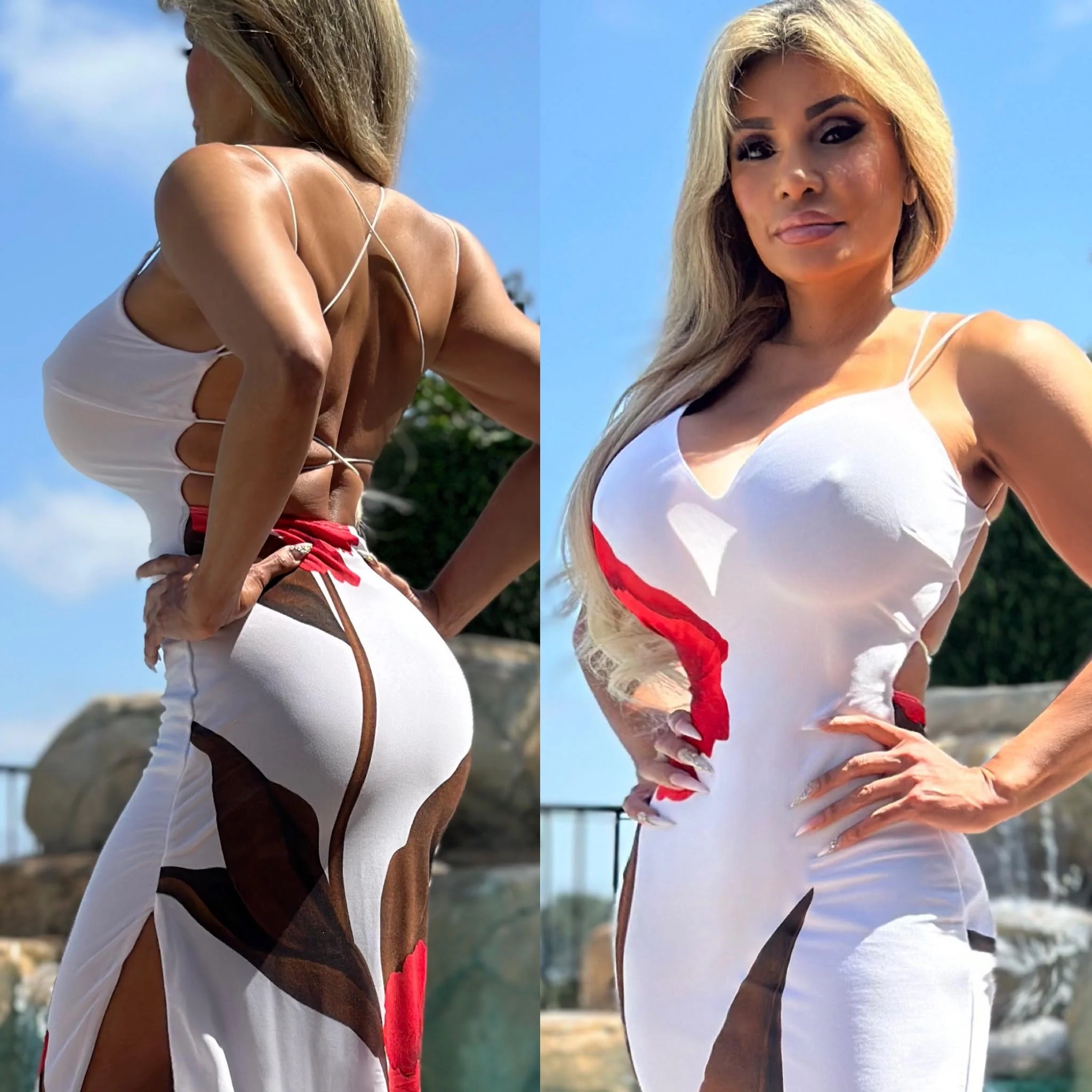Connie's EXCLUSIVE "Hibiscus Haven Maxi Dress" STRETCH MESH, Open Thigh, Criss Cross Open Back - Image 6