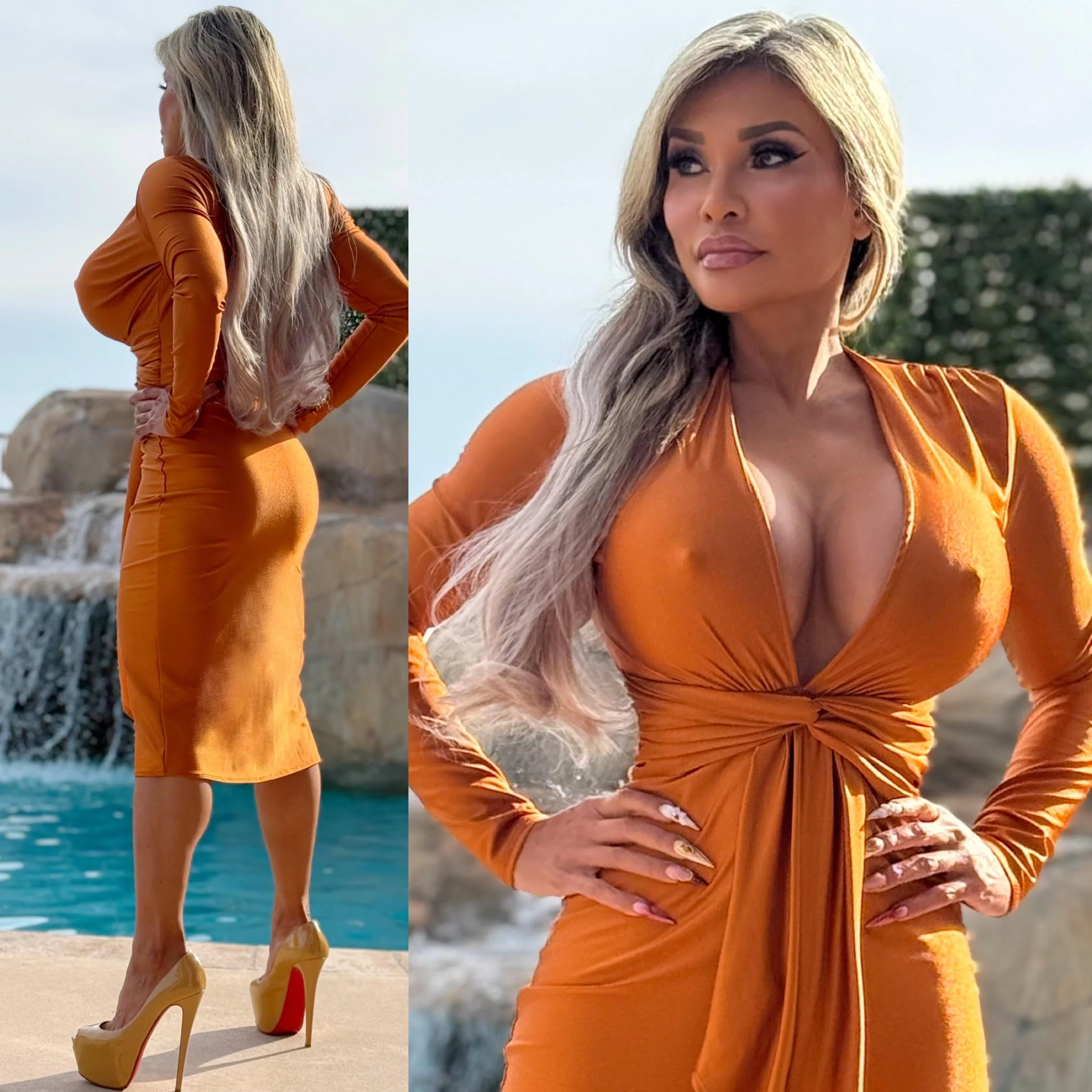 FINAL SALE Connie's LIMITED "SOPHISTICATED VIXEN 🍸NIGHT OUT🍸 MIDI" SHINY SHEEN BRONZE RUST EXTREME PLUNGE, Super Stretch fit - Image 3