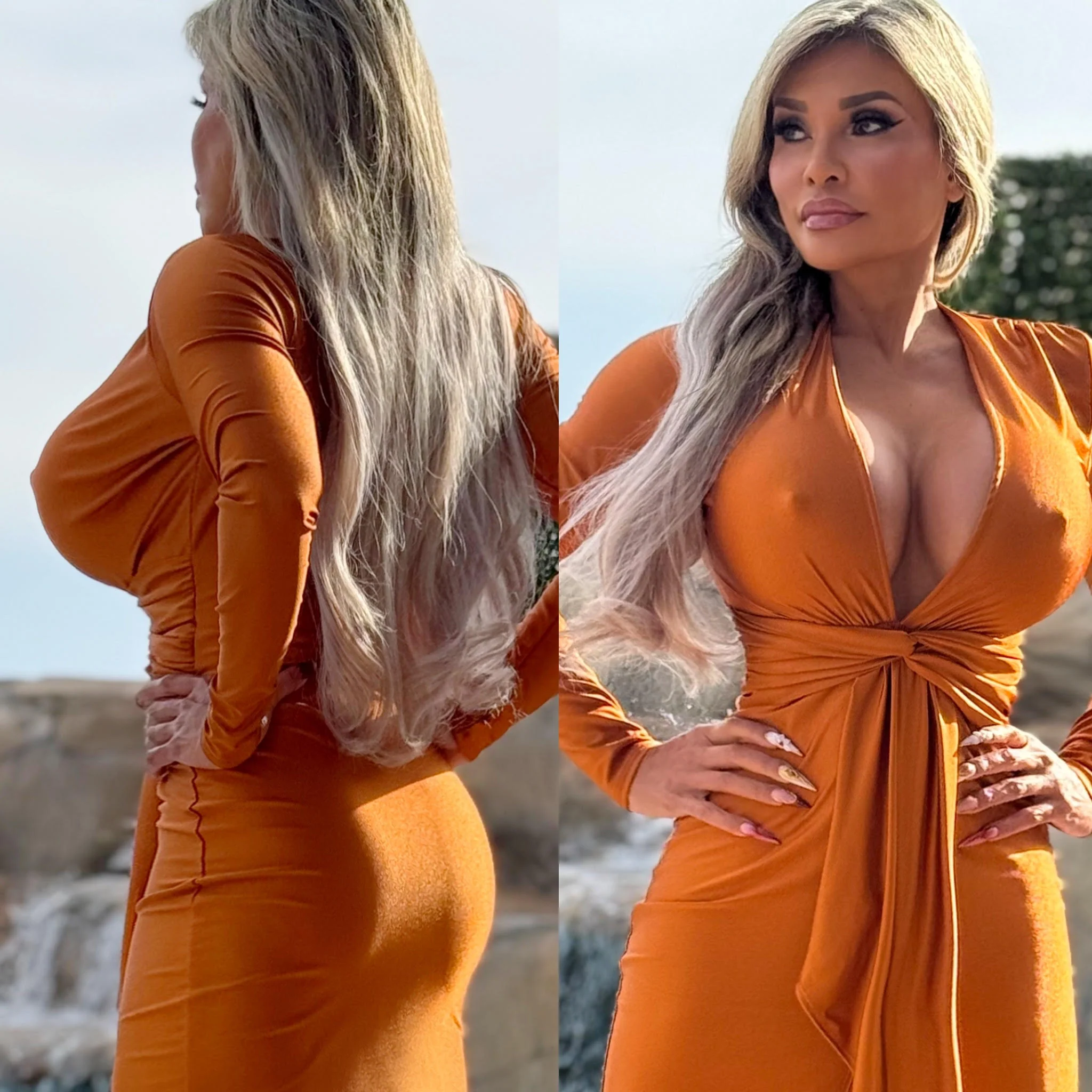 FINAL SALE Connie's LIMITED "SOPHISTICATED VIXEN 🍸NIGHT OUT🍸 MIDI" SHINY SHEEN BRONZE RUST EXTREME PLUNGE, Super Stretch fit - Image 4