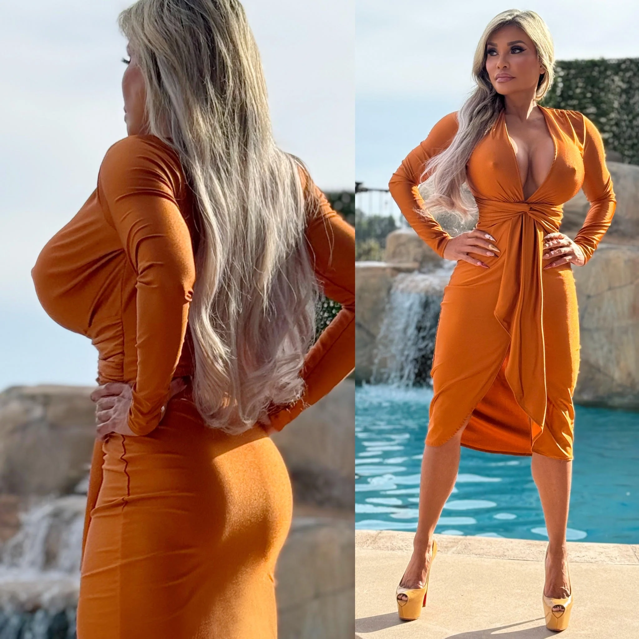FINAL SALE Connie's LIMITED "SOPHISTICATED VIXEN 🍸NIGHT OUT🍸 MIDI" SHINY SHEEN BRONZE RUST EXTREME PLUNGE, Super Stretch fit - Image 5