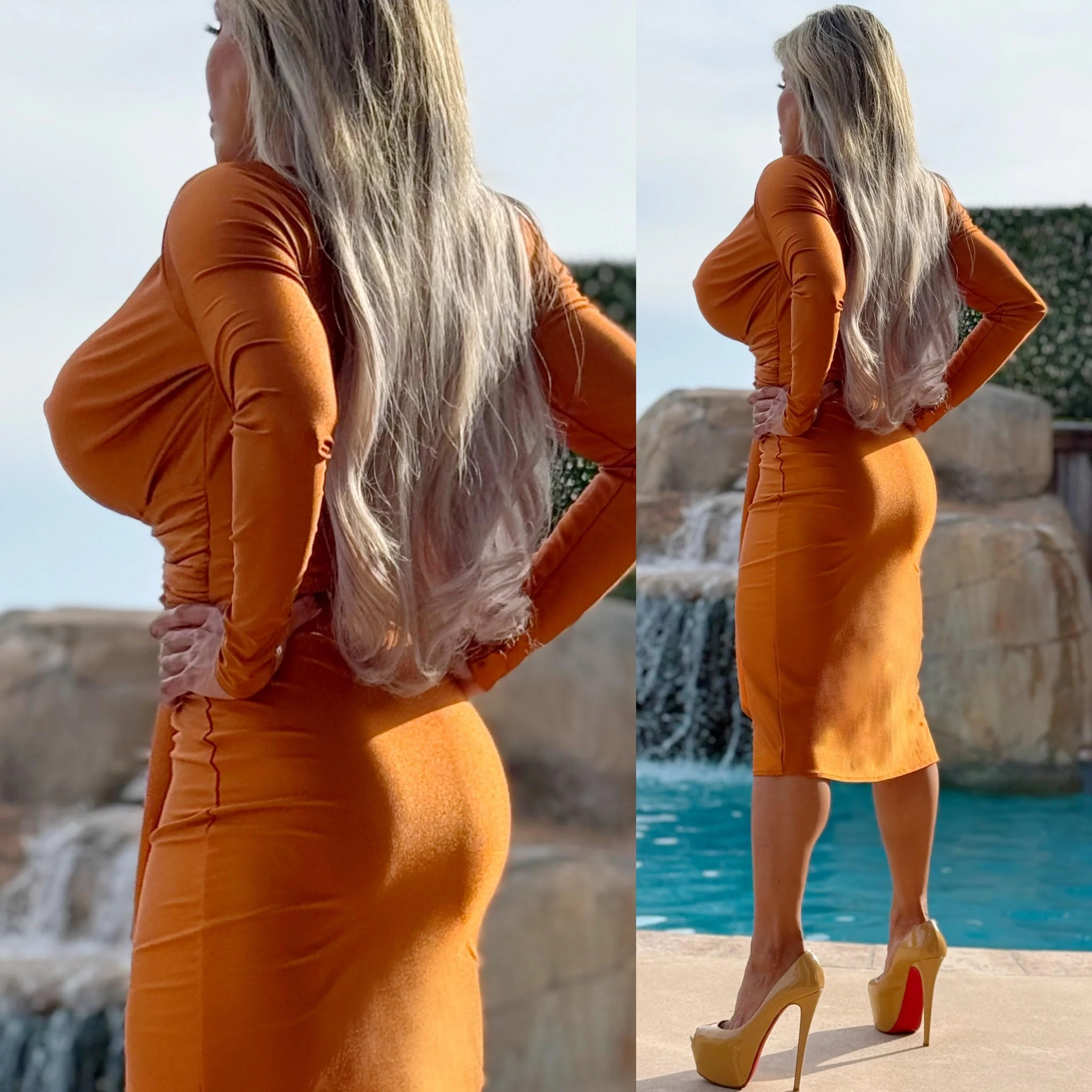 FINAL SALE Connie's LIMITED "SOPHISTICATED VIXEN 🍸NIGHT OUT🍸 MIDI" SHINY SHEEN BRONZE RUST EXTREME PLUNGE, Super Stretch fit - Image 6