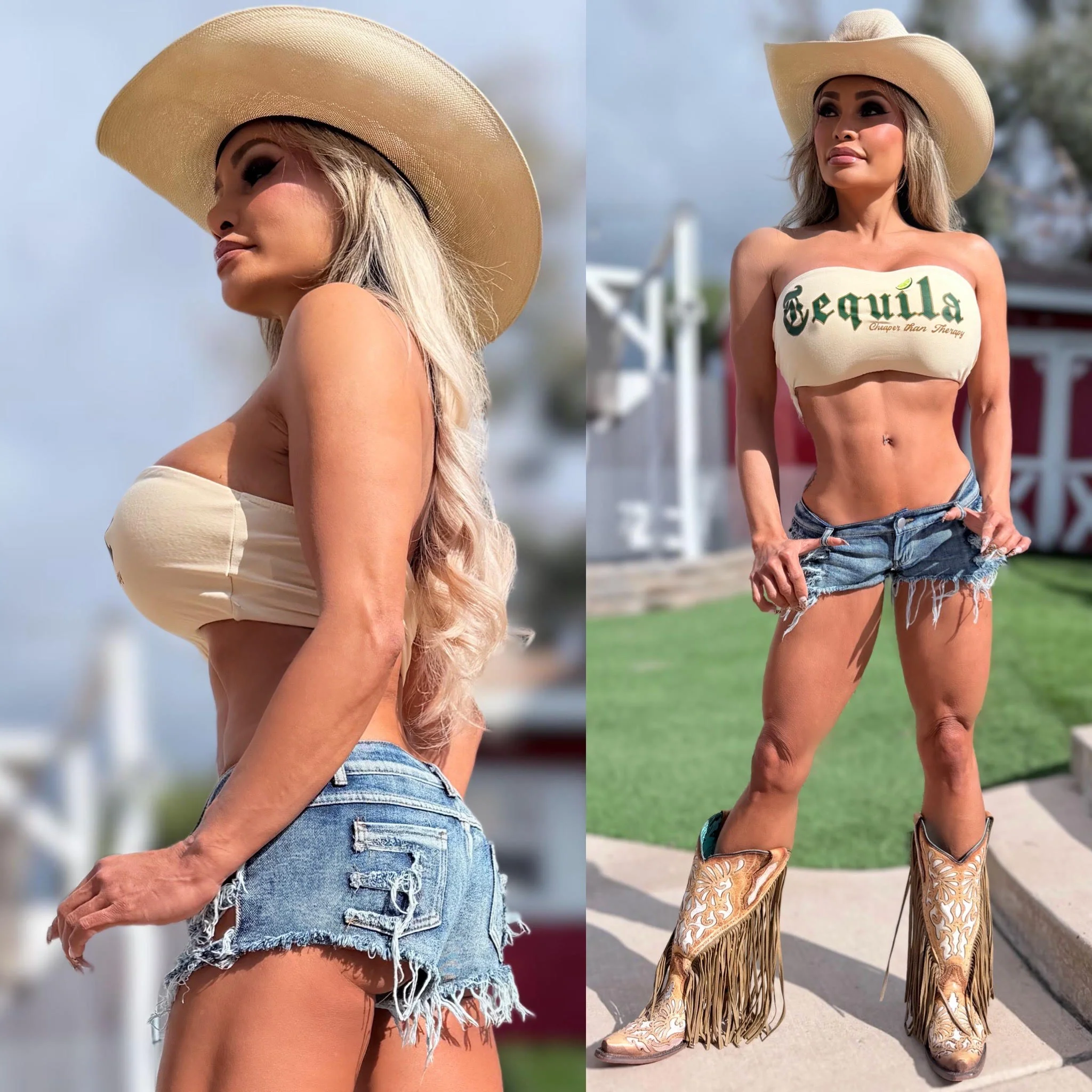 Connie's LIMITED "Cheaper Than Therapy TEQUILA 🤠" STRETCH T-Shirt TUBE TOP, TAN FULL STRETCH FIT - Image 2