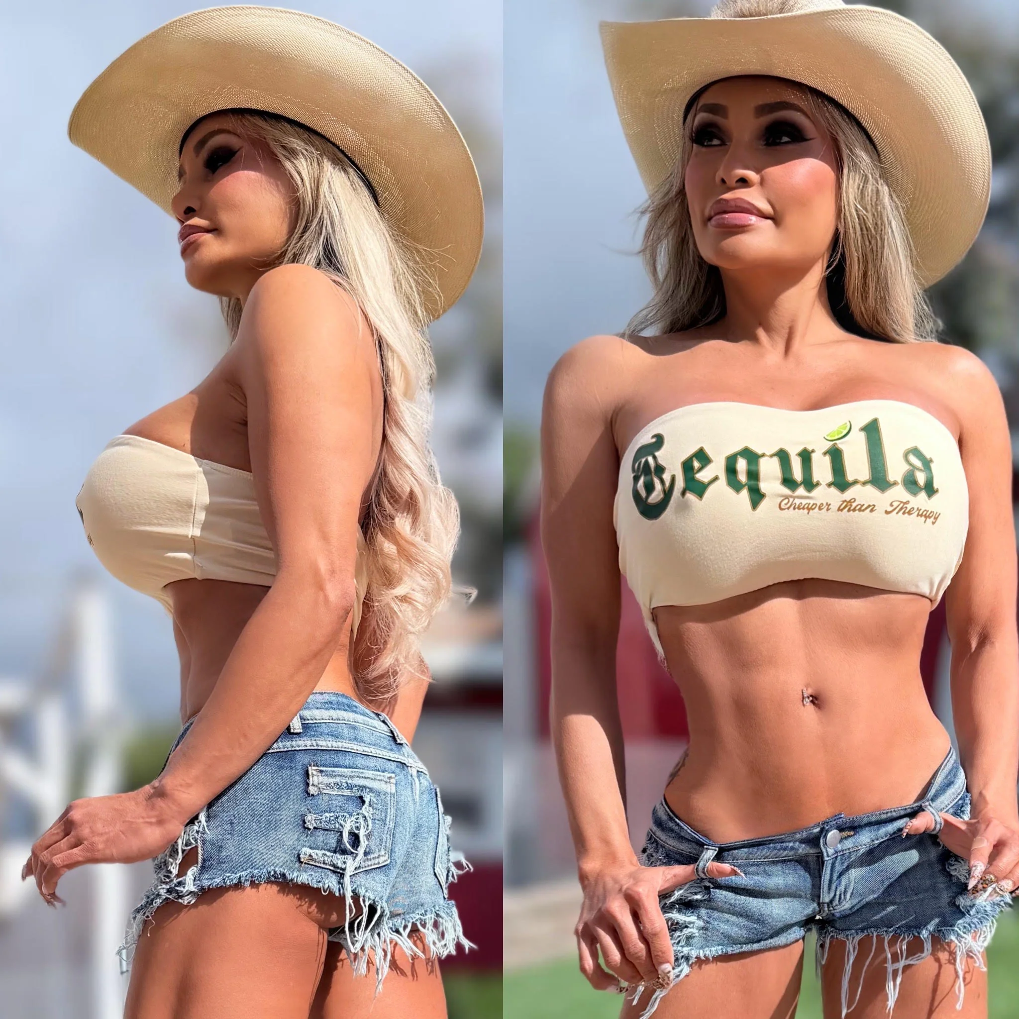Connie's LIMITED "Cheaper Than Therapy TEQUILA 🤠" STRETCH T-Shirt TUBE TOP, TAN FULL STRETCH FIT - Image 6