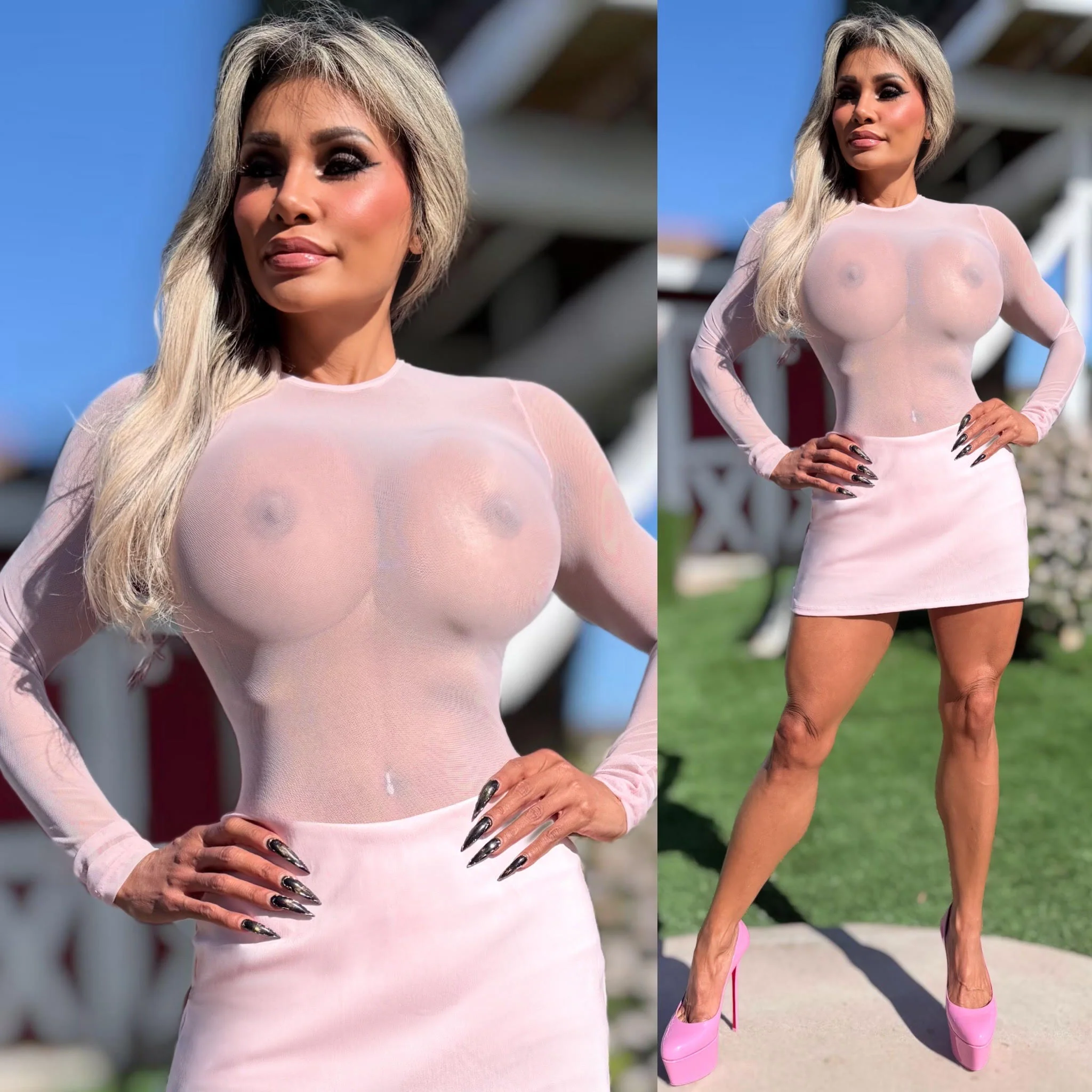 Connie's MADE IN USA ❤️ "SHEER LUXURY BODYSUIT" SOFT PINK SEMI SEE THRU, FULL STRETCH FIT, with a THONG button Snap Bottom Closure - Image 2