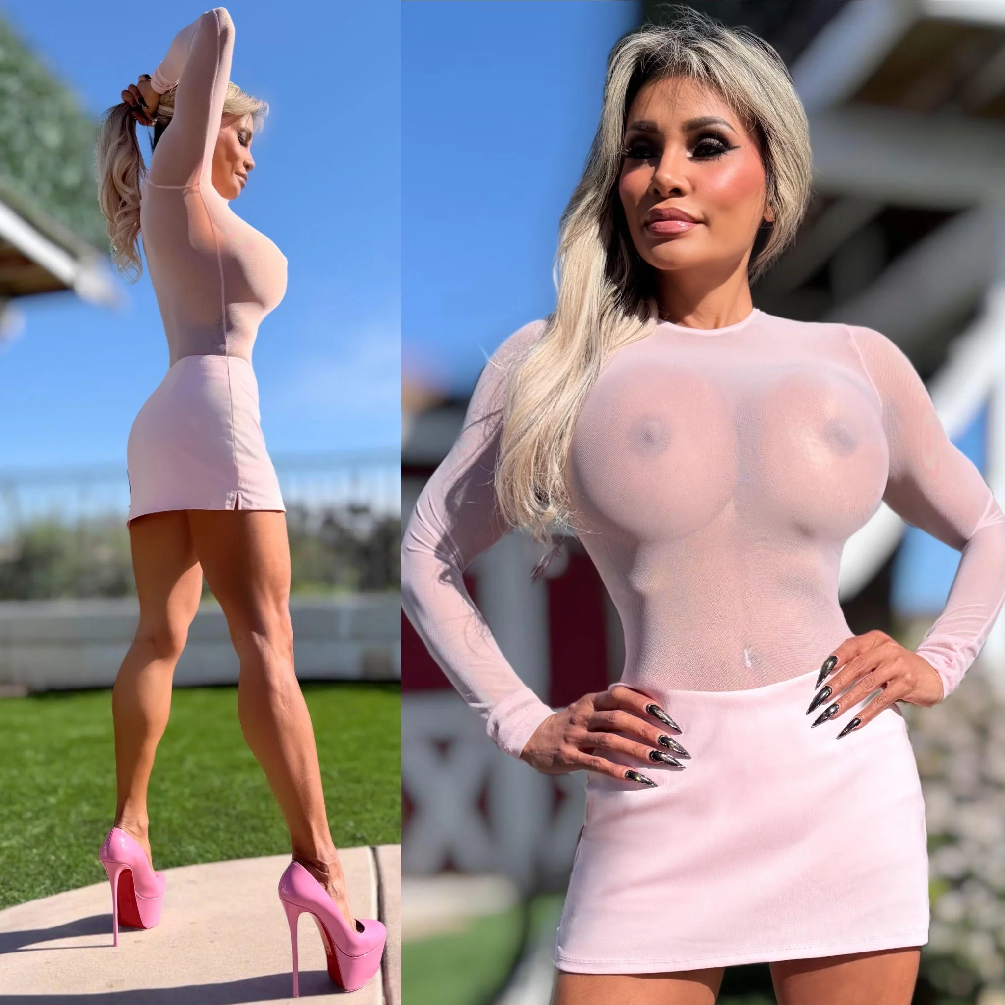 Connie's MADE IN USA ❤️ "SHEER LUXURY BODYSUIT" SOFT PINK SEMI SEE THRU, FULL STRETCH FIT, with a THONG button Snap Bottom Closure - Image 3