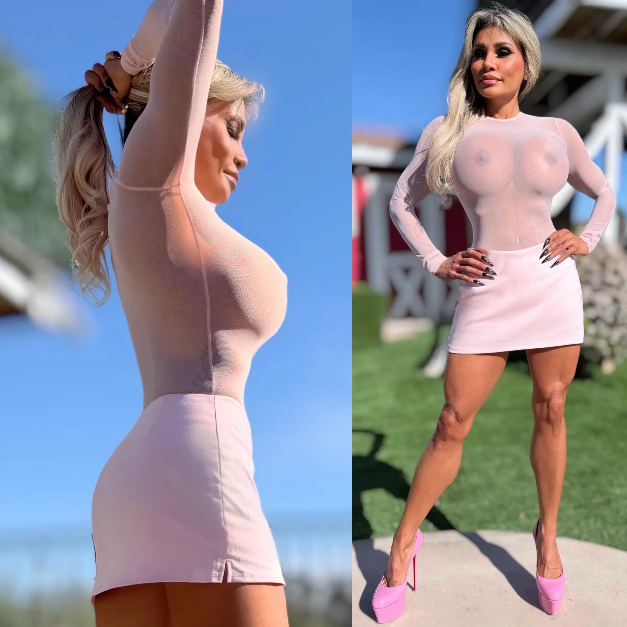 Connie's MADE IN USA ❤️ "SHEER LUXURY BODYSUIT" SOFT PINK SEMI SEE THRU, FULL STRETCH FIT, with a THONG button Snap Bottom Closure - Image 5