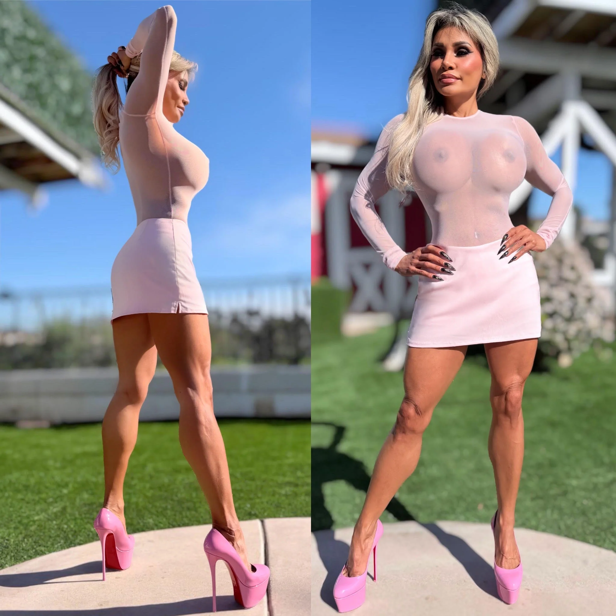 Connie's MADE IN USA ❤️ "SHEER LUXURY BODYSUIT" SOFT PINK SEMI SEE THRU, FULL STRETCH FIT, with a THONG button Snap Bottom Closure - Image 6