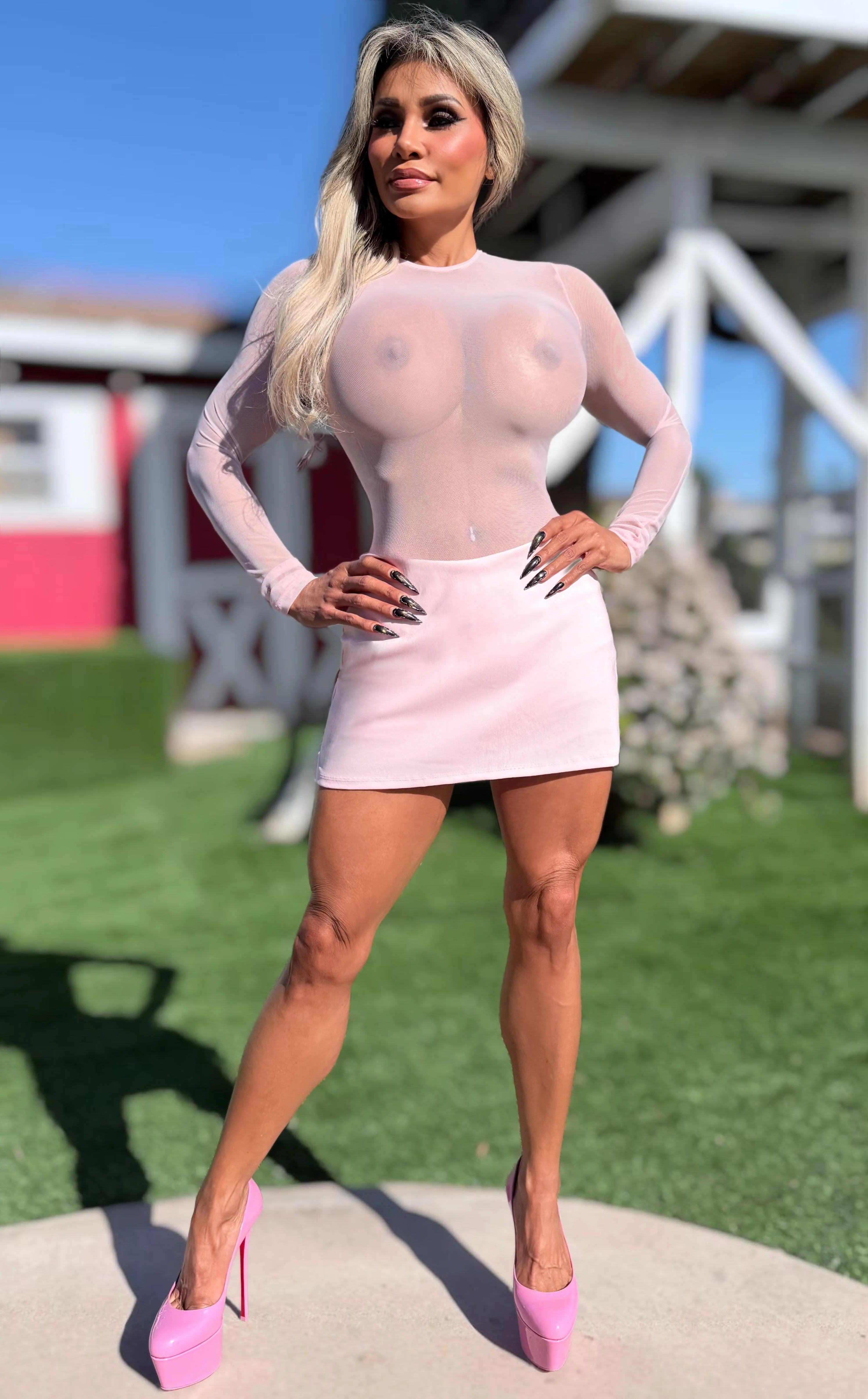Connie's MADE IN USA ❤️ "SHEER LUXURY BODYSUIT" SOFT PINK SEMI SEE THRU, FULL STRETCH FIT, with a THONG button Snap Bottom Closure - Image 8
